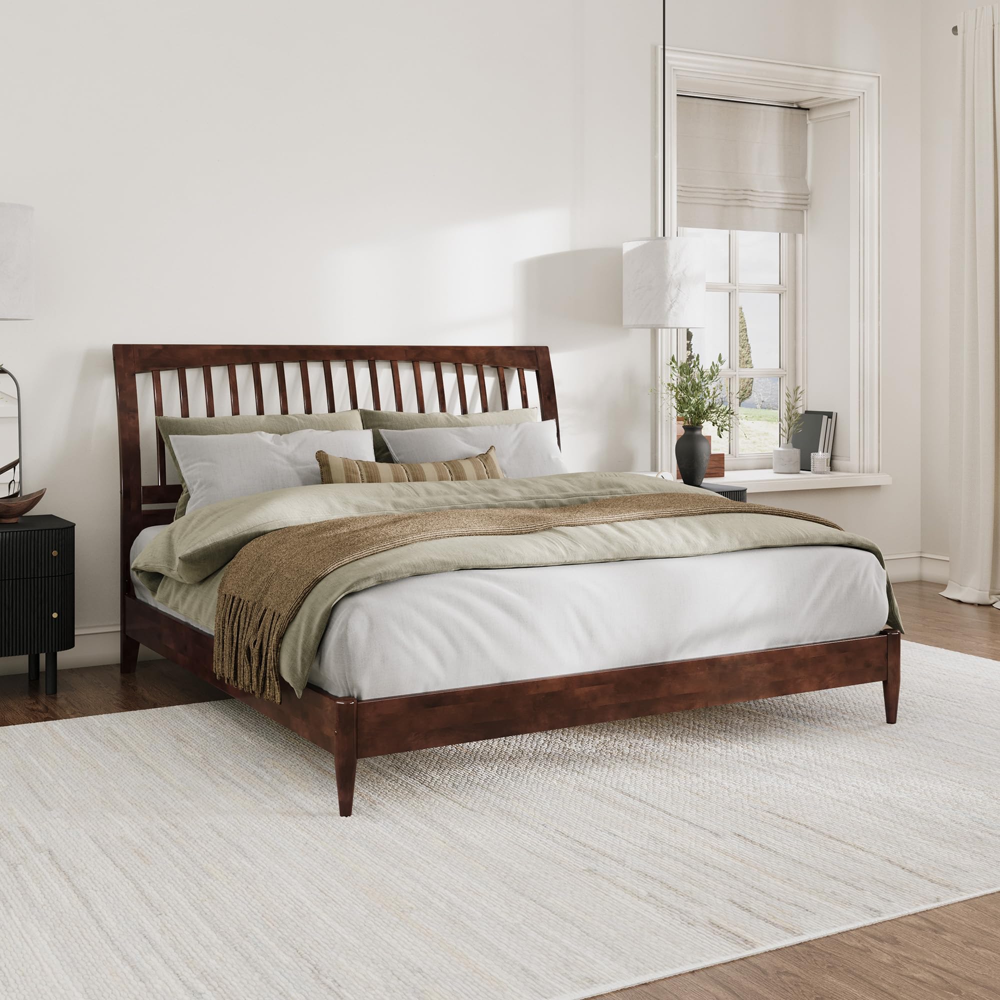 Orleans King Solid Wood Low Profile Sleigh Platform Bed in Walnut