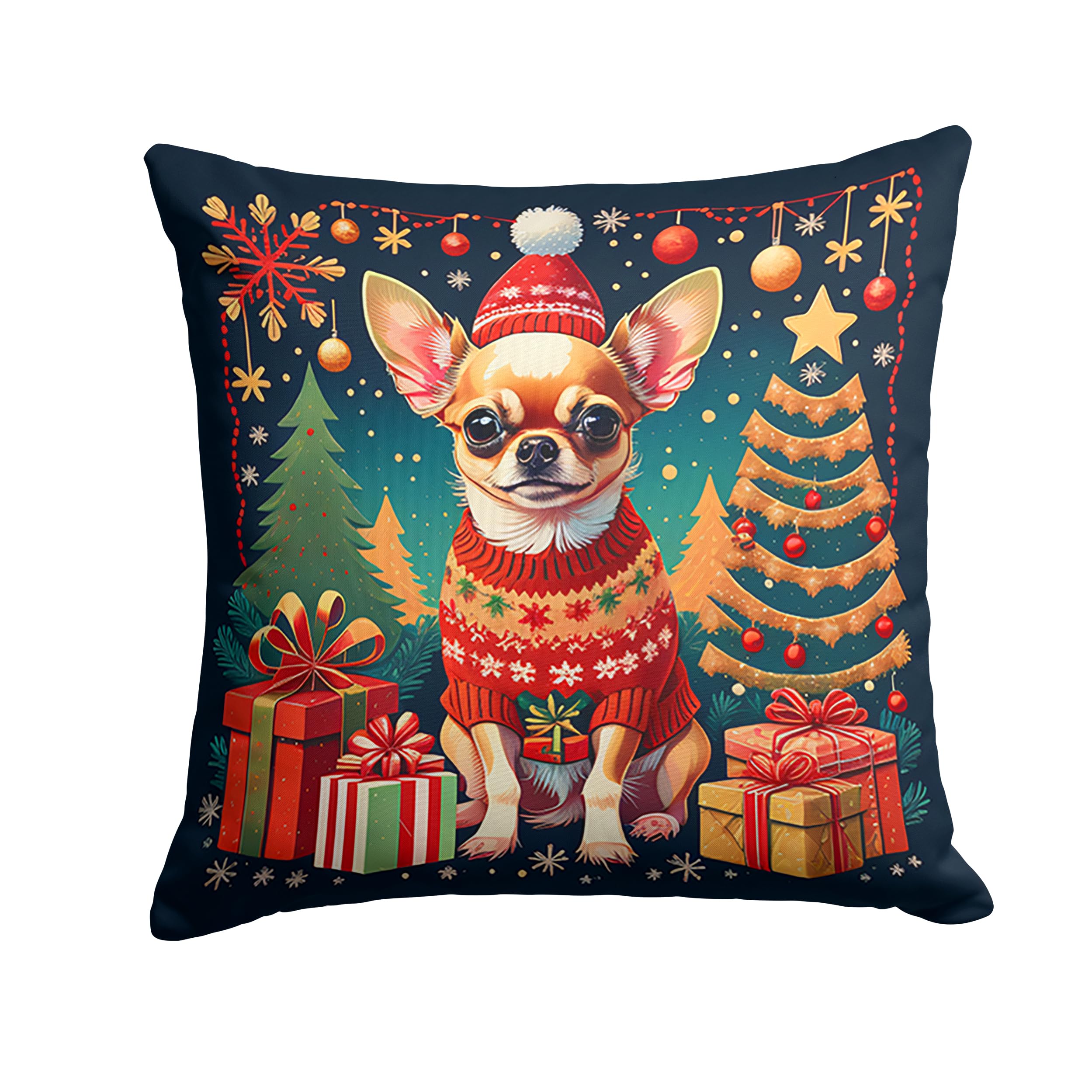 Carolines Treasures DAC1112PW1414 Chihuahua Christmas Fabric Decorative Pillow Machine Washable, Indoor Outdoor Decorative Pillow for Couch, Bed or Patio, 14Hx14W