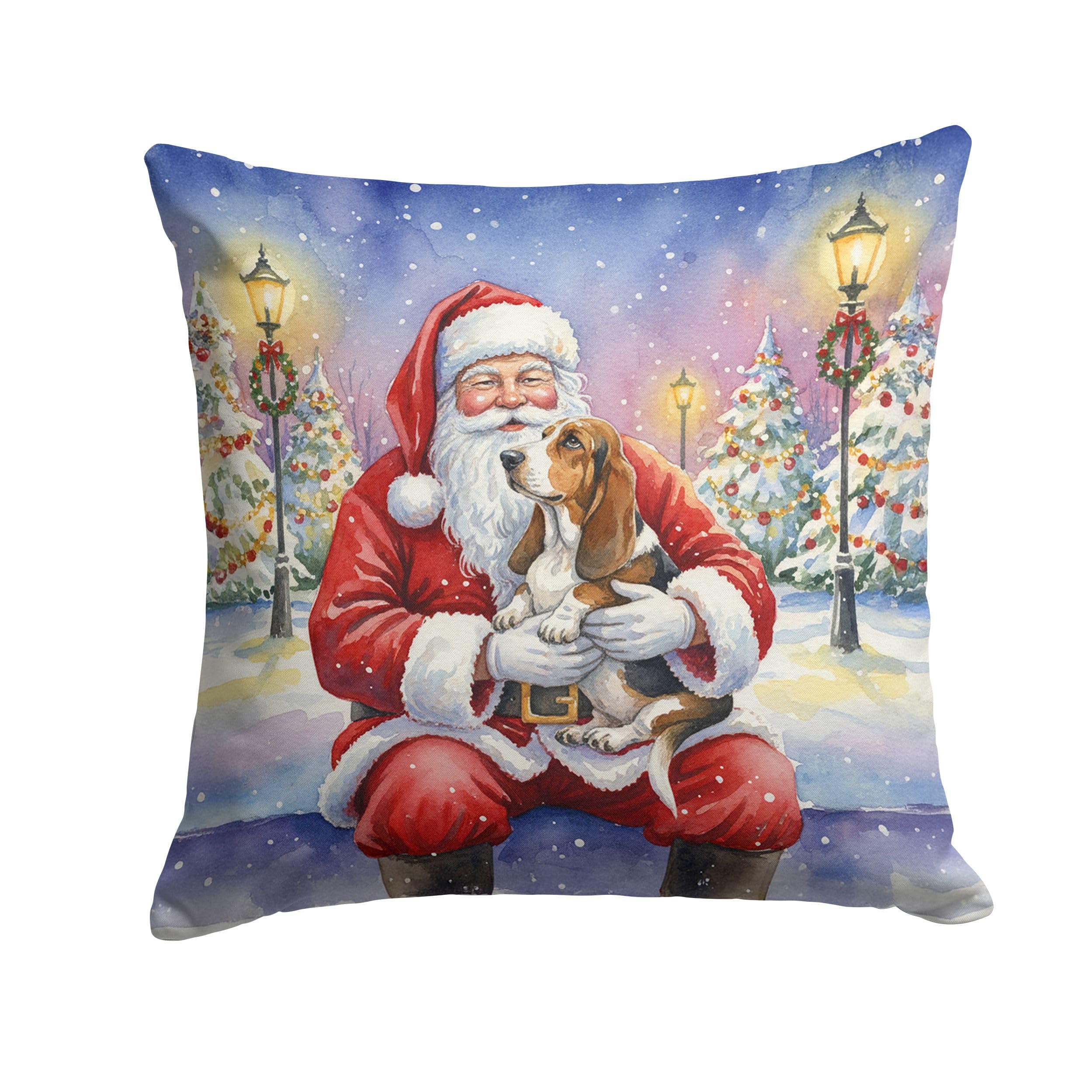 Carolines Treasures Basset Hound with Santa Claus Throw Pillow Decorative Indoor Outdoor Accent Cushion for Couch, Bed or Patio, 14Hx14W