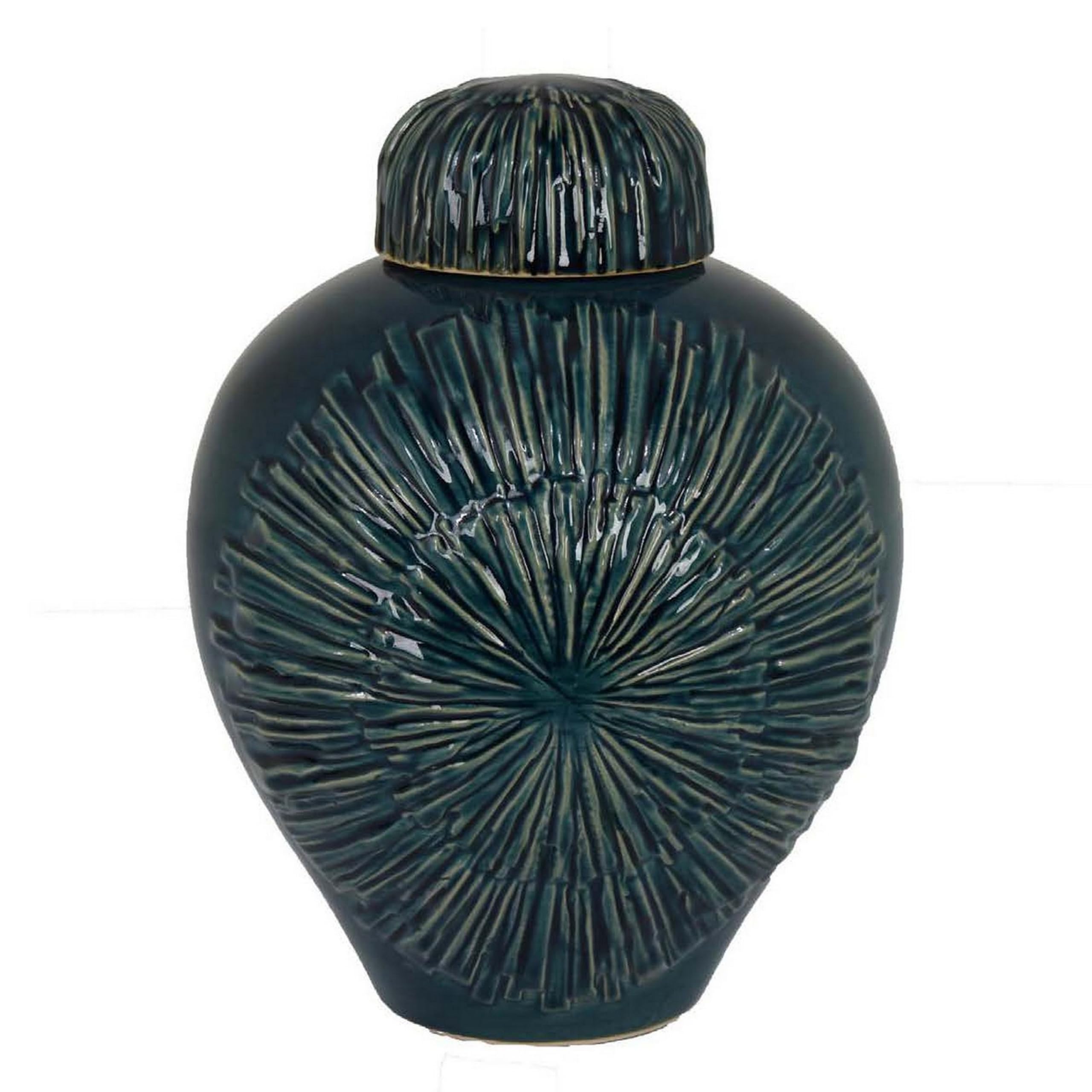 Accent Flower Vase w Lid, Rich Textured Deep Blue Ceramic, 13 Inch