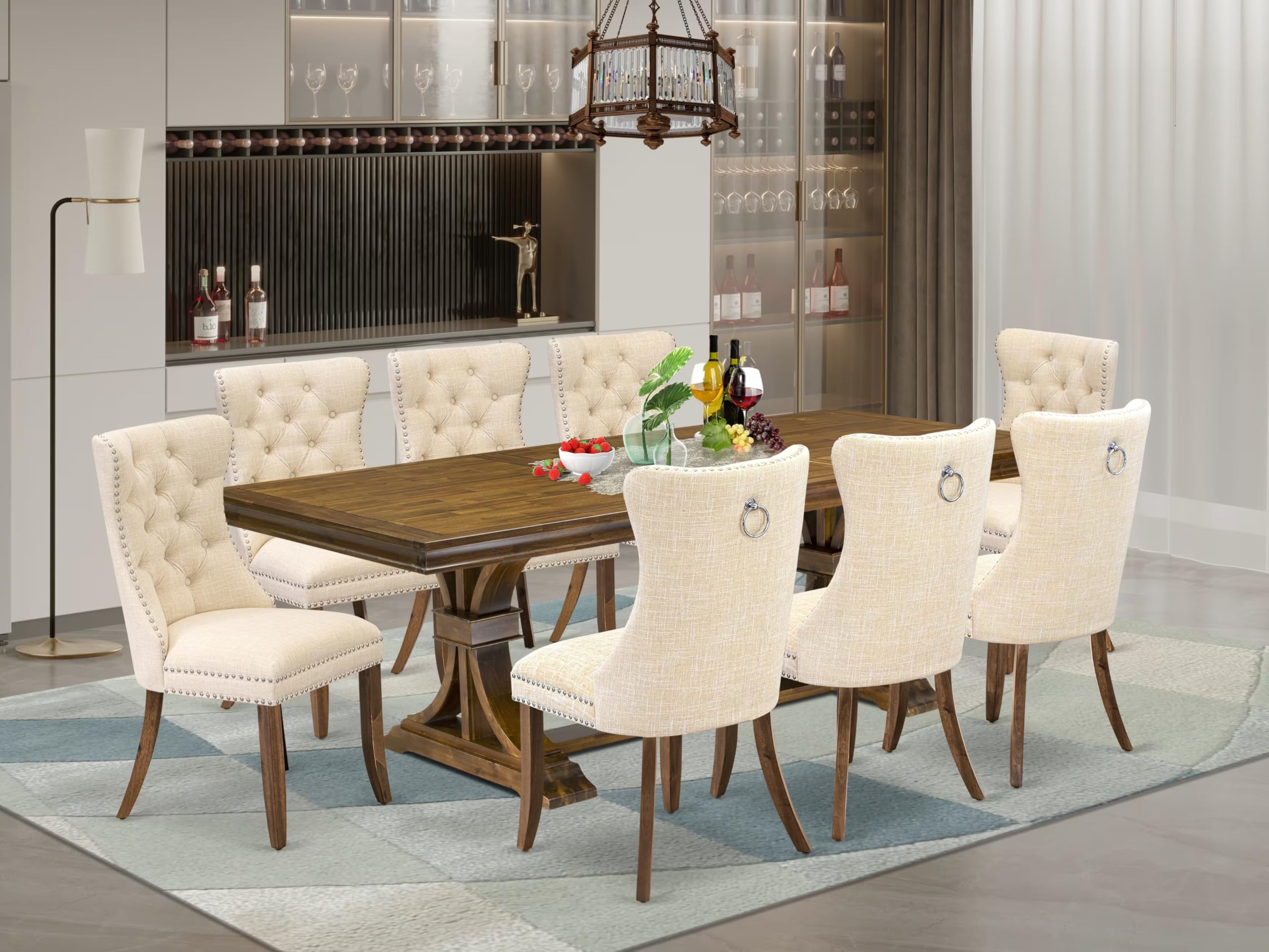9 Pieces Dining Table Set a Rectangle Table and 8 Linen fabric Dining Chairs