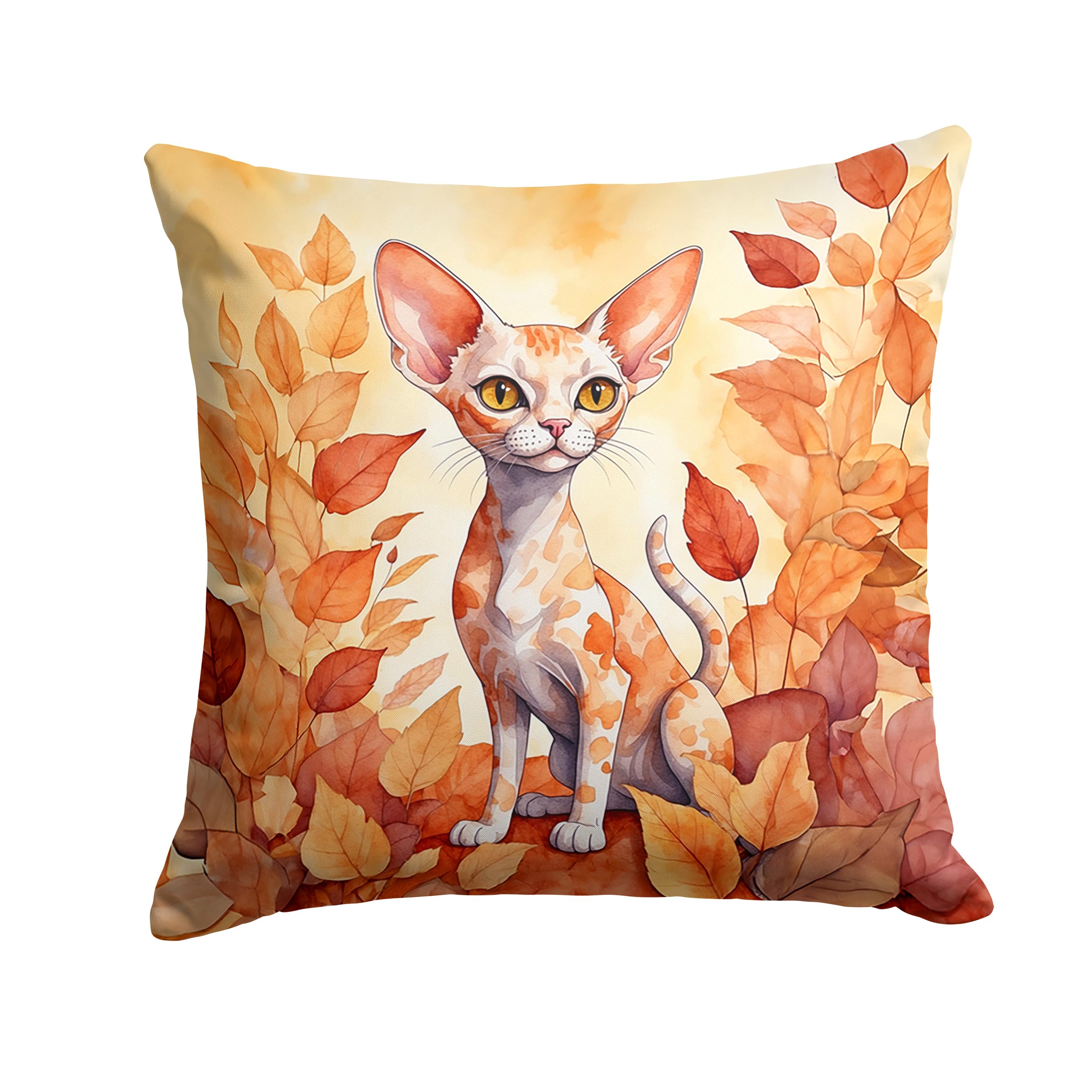 Carolines Treasures Devon Rex Cat in Fall Leaves Throw Pillow Machine Washable, Indoor Outdoor Decorative Pillow for Couch, Bed or Patio, 14Hx14W