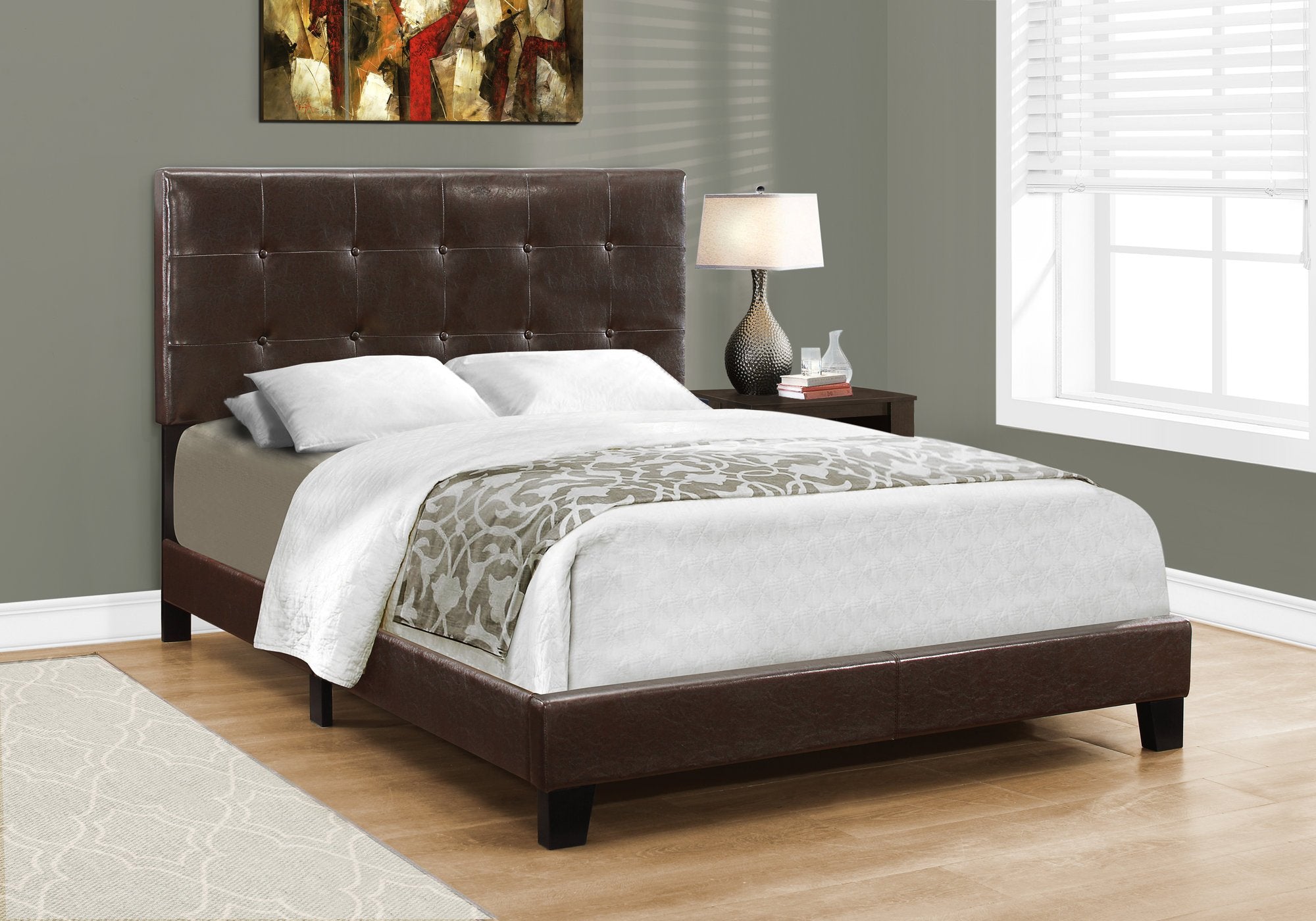 Bed, Full Size, Platform, Bedroom, Frame, Upholstered, Pu Leather Look, Wood Legs, Brown, Transitional