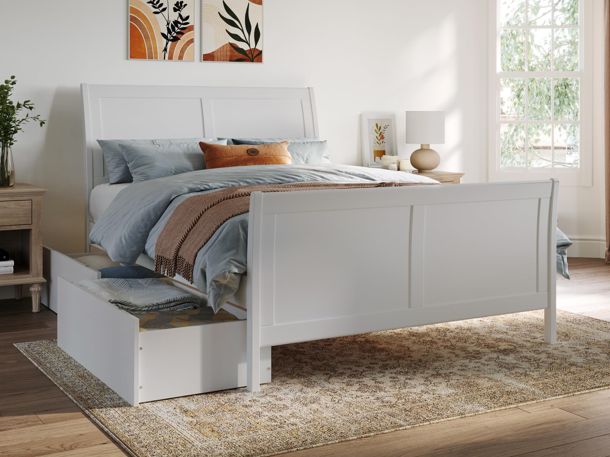 Portland Full Platform Bed with Matching Foot Board with 2 Urban Bed Drawers in White