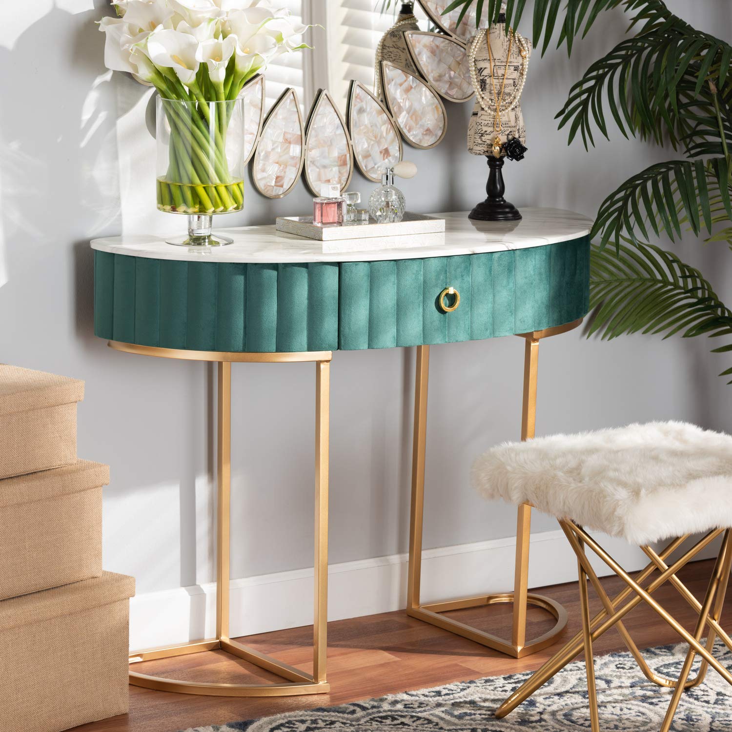 Baxton Studio Brush Gold Finish 1-Drawer Console Table With Faux Marble Tabletop