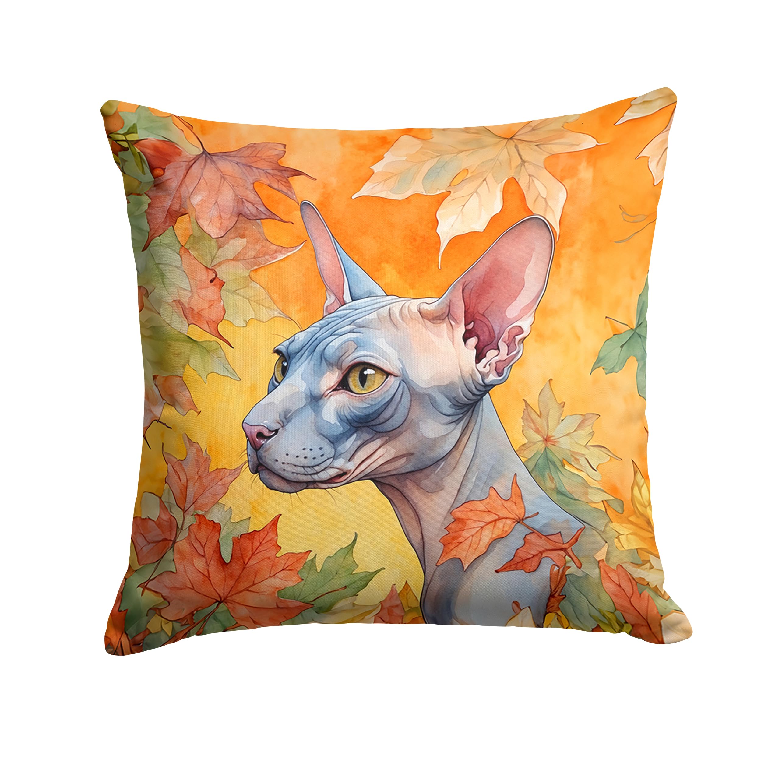 Carolines Treasures Donskoy Don Sphynx Cat in Fall Leaves Throw Pillow Machine Washable, Indoor Outdoor Decorative Pillow for Couch, Bed or Patio, 18Hx18W
