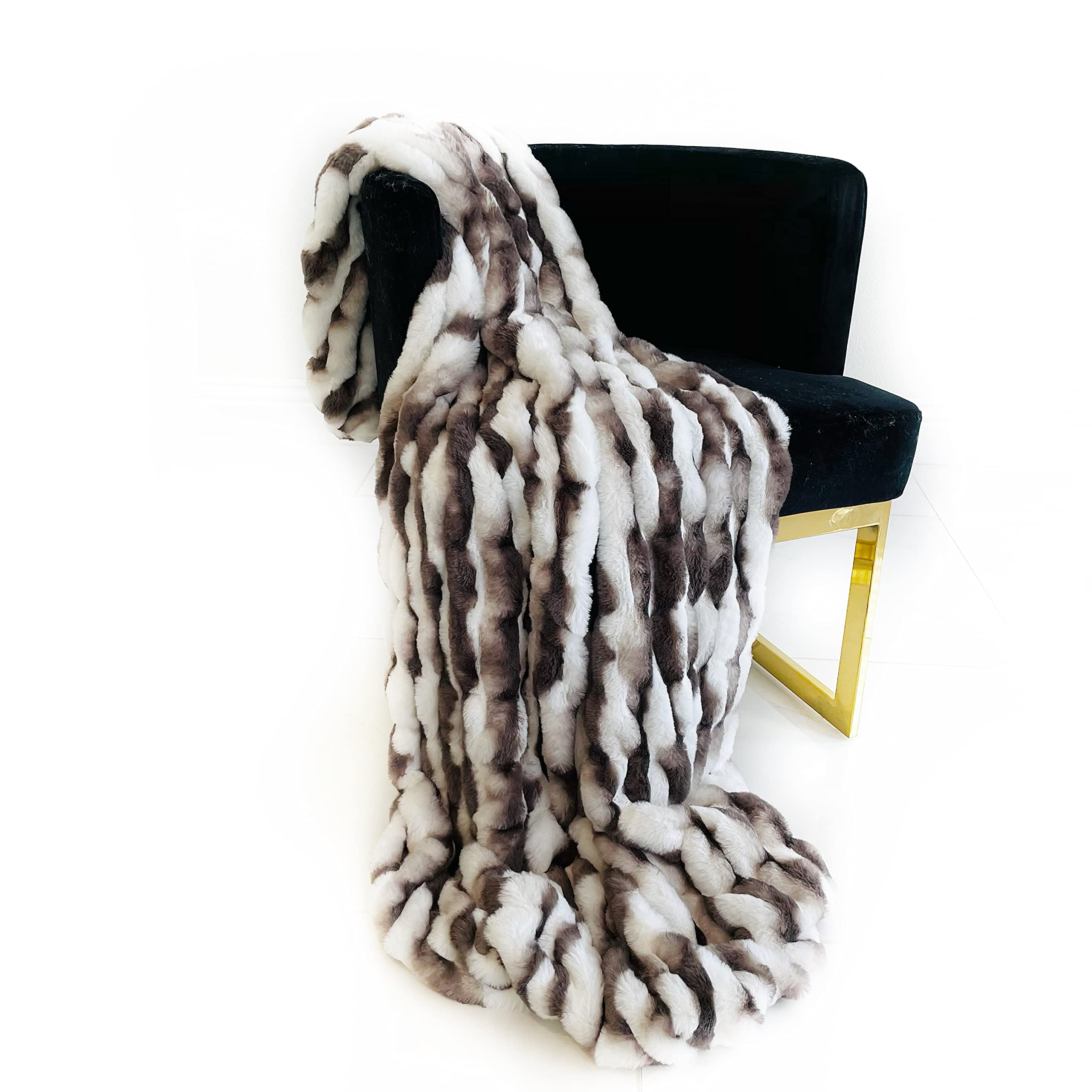 Plutus White Charcoal Snow Chinchilla Faux Fur Luxury Throw Blanket 70In X 90In
