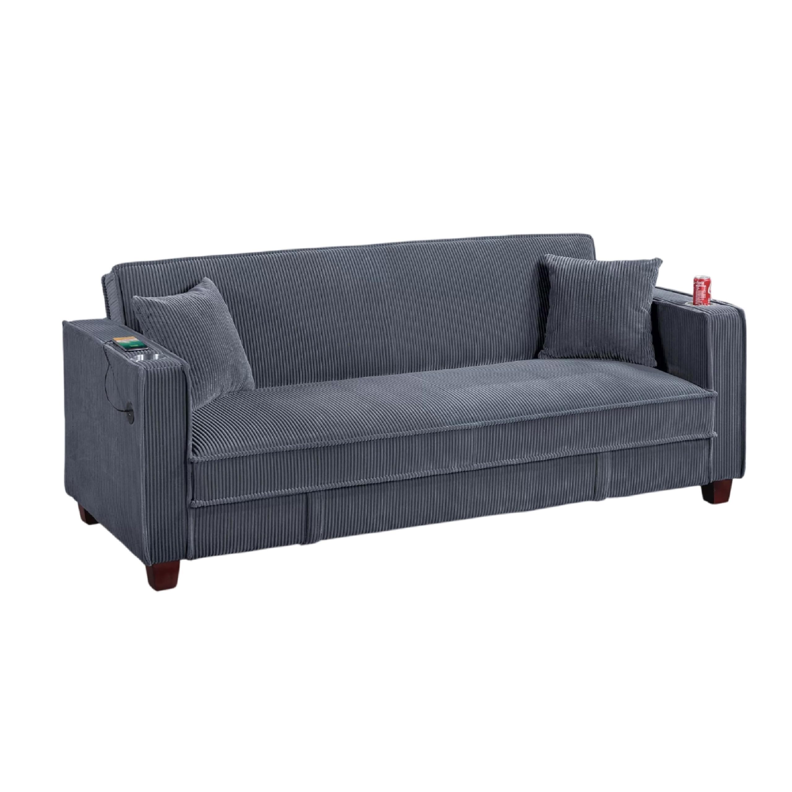 Lucy Sofa Bed with USB Ports, 2 Pillows, Gray Corduroy, Cupholders