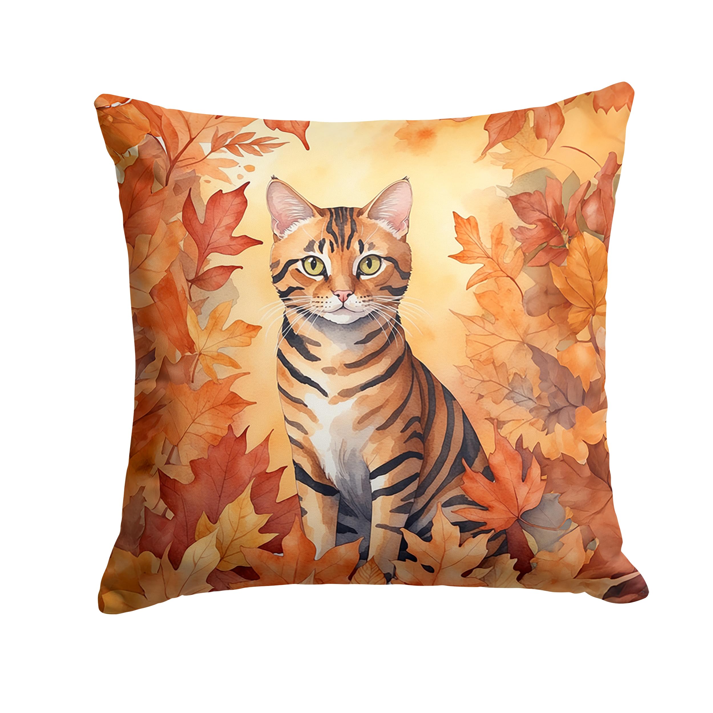 Carolines Treasures Toyger Cat in Fall Leaves Throw Pillow Machine Washable, Indoor Outdoor Decorative Pillow for Couch, Bed or Patio, 14Hx14W