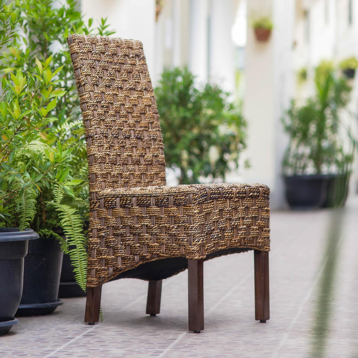 Manila Abaca and Rattan Wicker Basket Weave Dining Chair with Mahogany Hardwood Frame - Salak Brown
