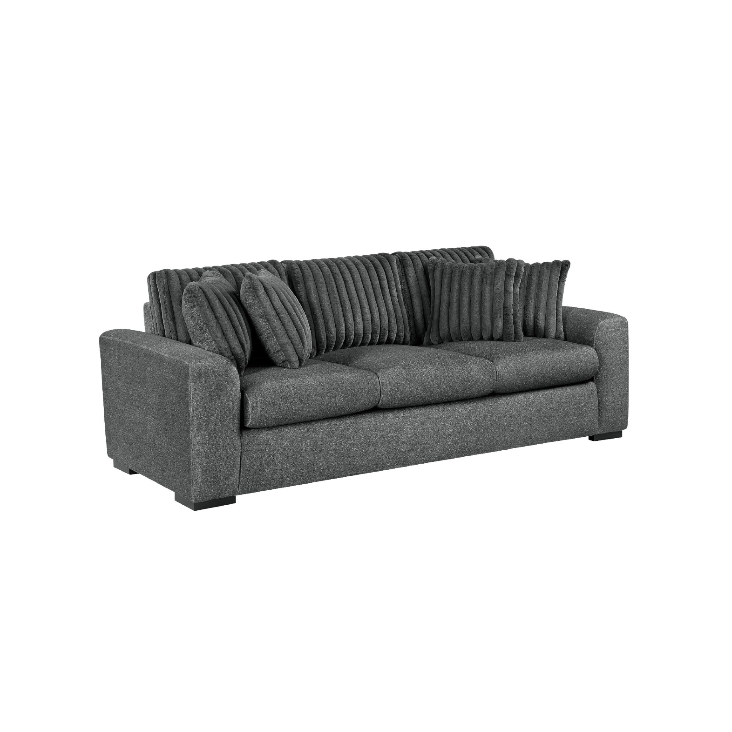 Zian Sofa, Dark Gray Microfiber and Corduroy, 4 Matching Pillows, 92 Inch