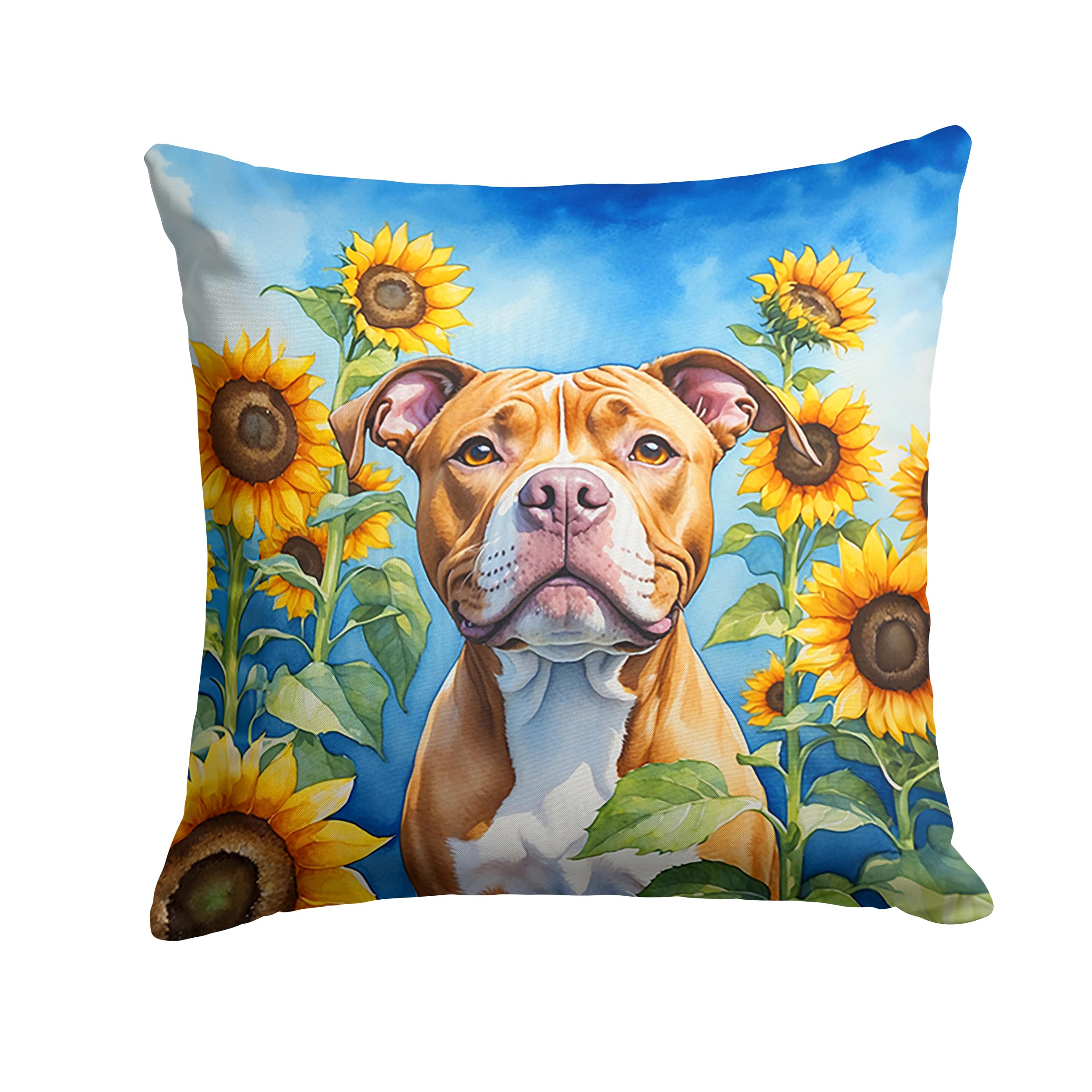 Carolines Treasures in Sunflowers Throw Pillow, 14Hx14W, Pit Bull Terrier 6133