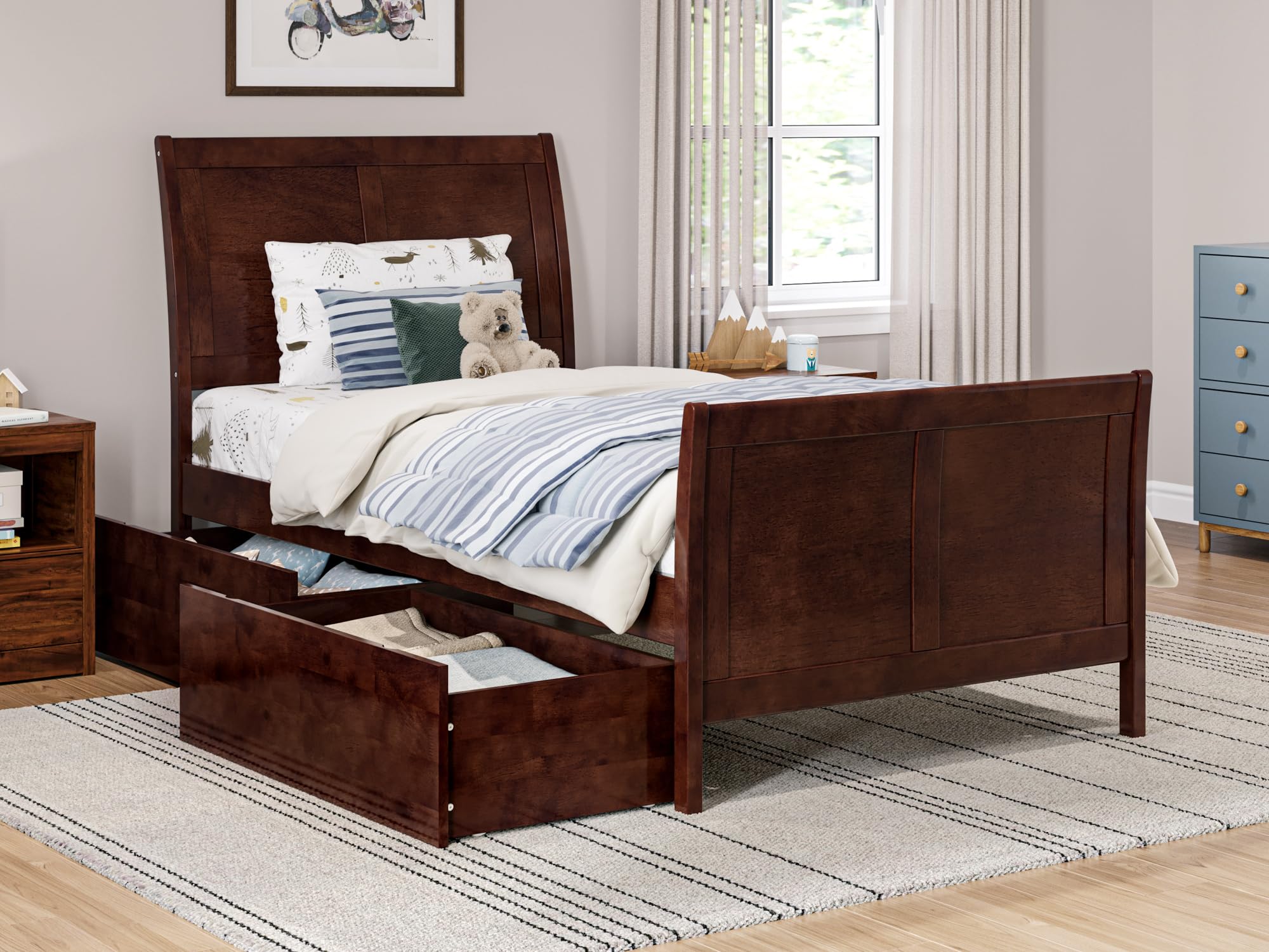 Portland Twin Platform Bed with Matching Foot Board with 2 Urban Bed Drawers in Walnut