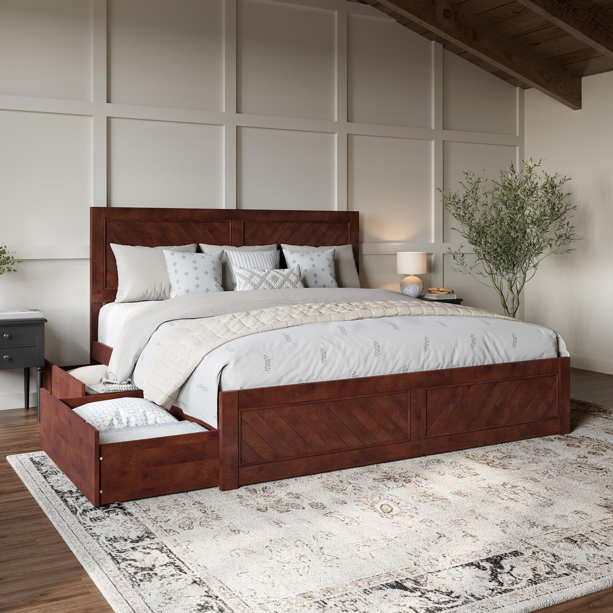 Canyon King Platform Bed with Matching Footboard and Storage Drawers in Walnut
