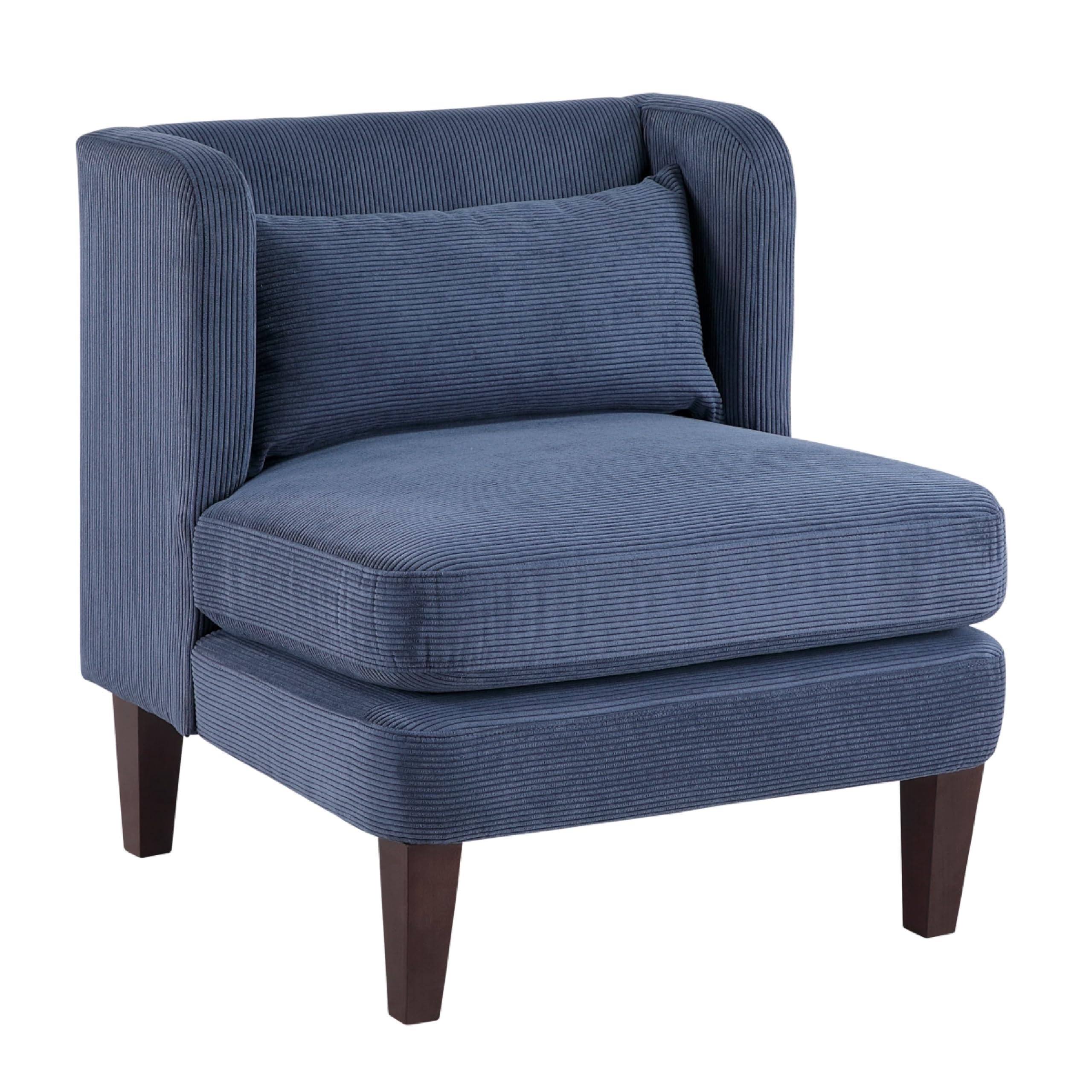 Feya Accent Chair w Lumbar Pillow, Channeled Blue Corduroy, Brown Legs