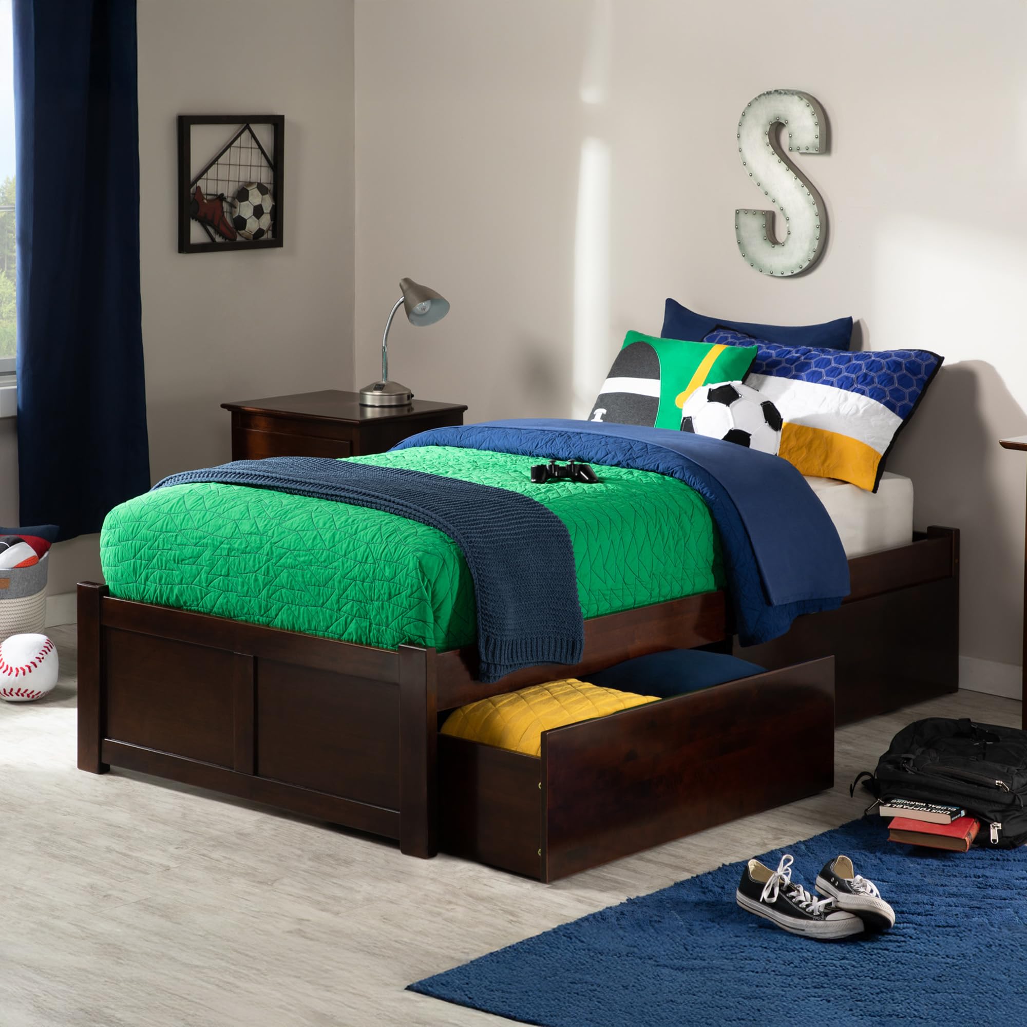 Concord Twin Platform Bed with Flat Panel Foot Board and 2 Urban Bed Drawers in Walnut
