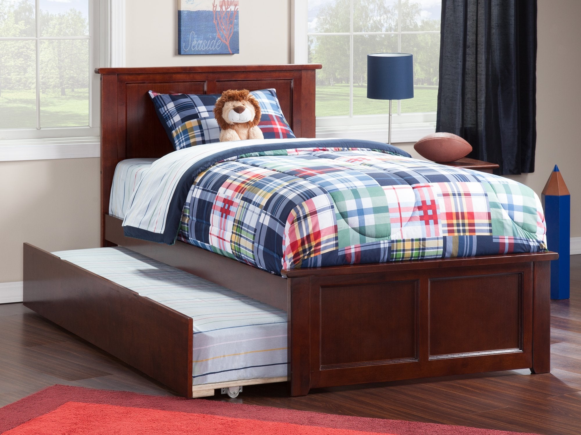 Madison Twin XL Solid Wood Platform Bed with Matching Footboard & Twin XL Trundle in Walnut