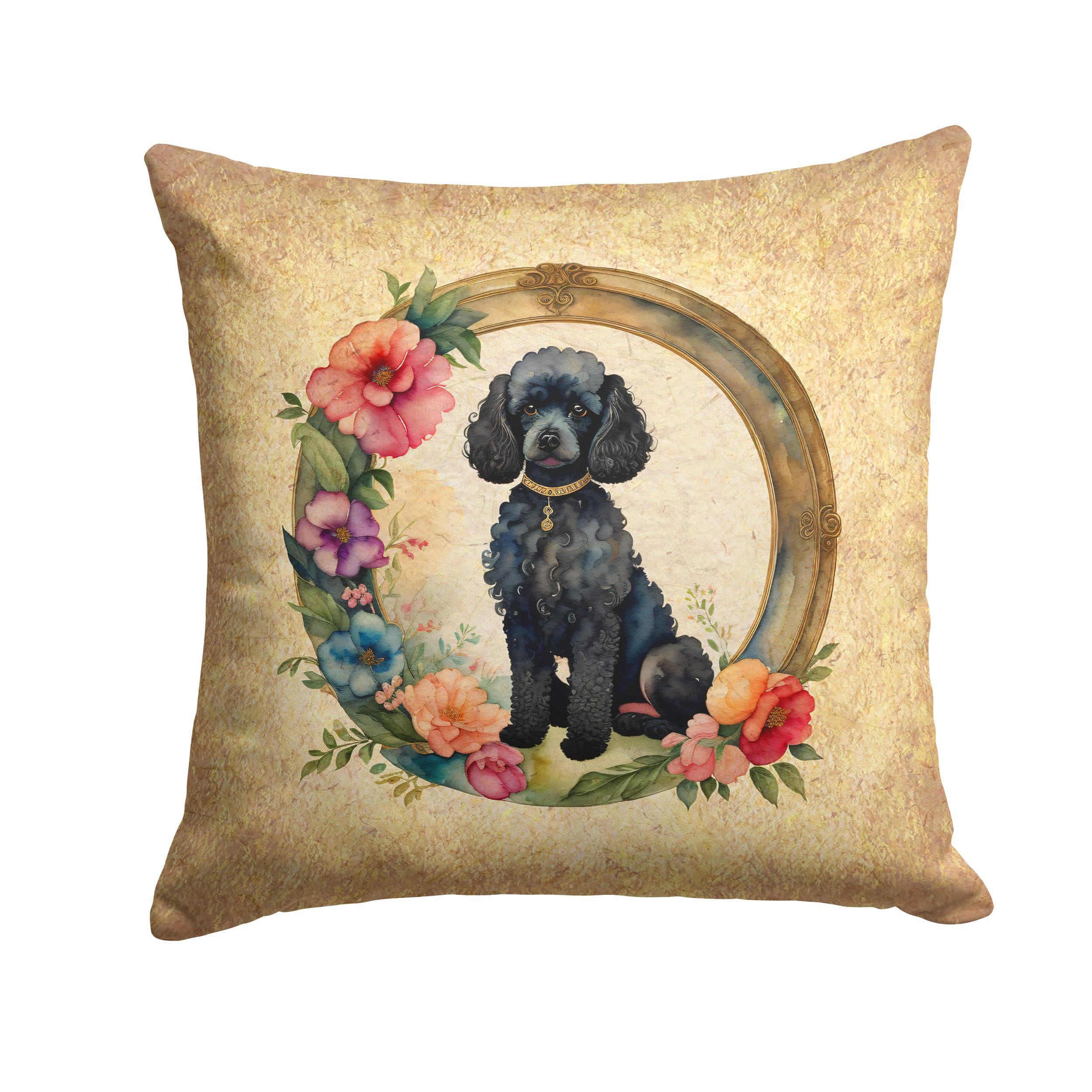 Black Poodle And Flowers Throw Pillow