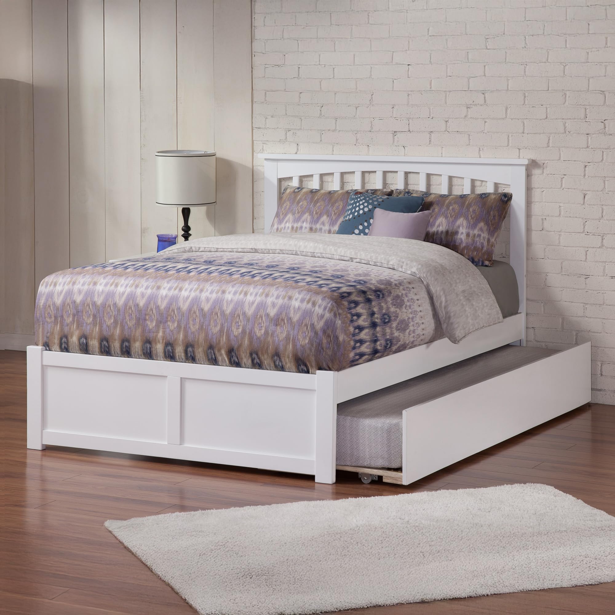 Mission Full Solid Wood Platform Bed with Footboard & Twin Trundle in White
