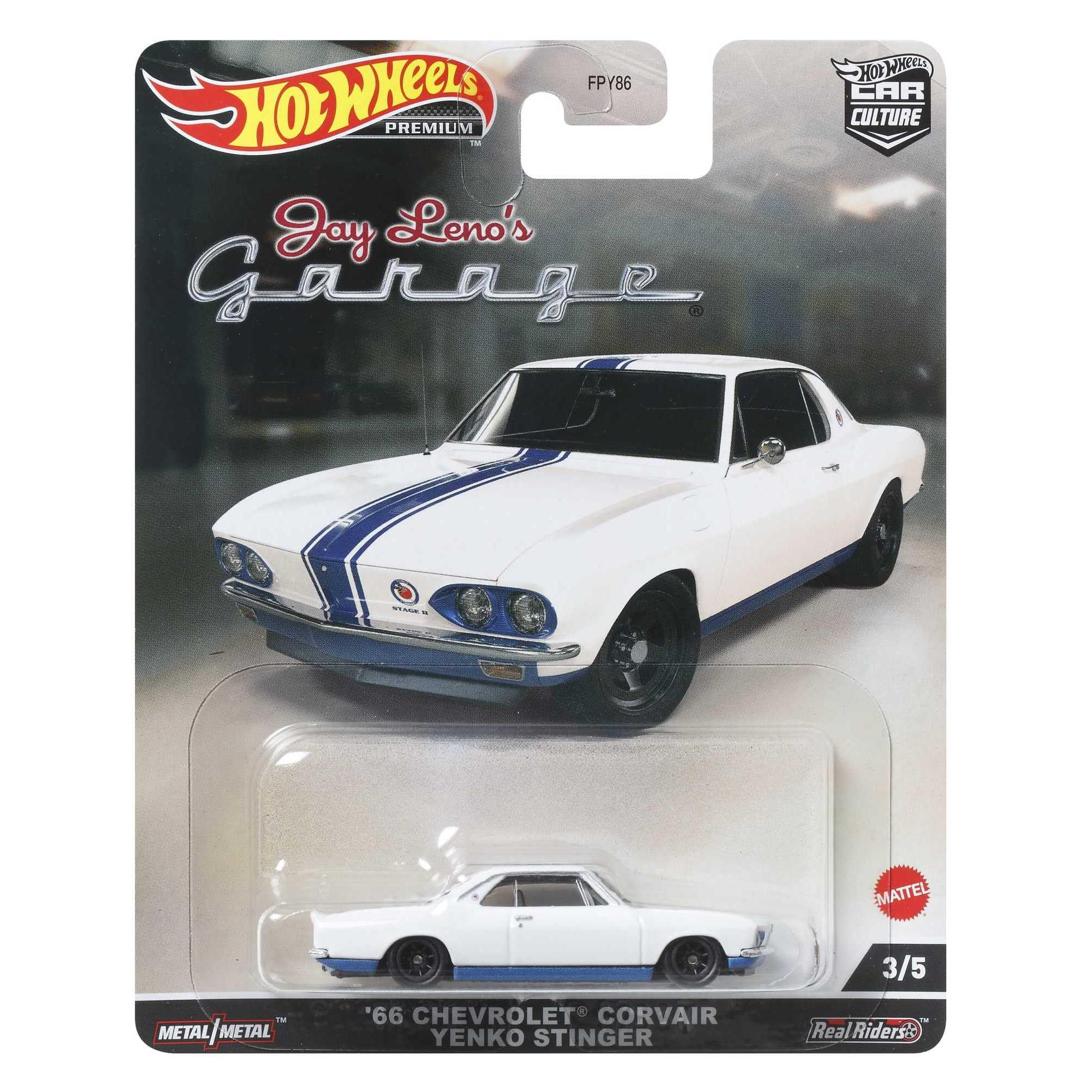 1966 Chevrolet Corvair Yenko Stinger White with Blue Stripes Jay Leno Garage Diecast Model Car by Hot Wheels