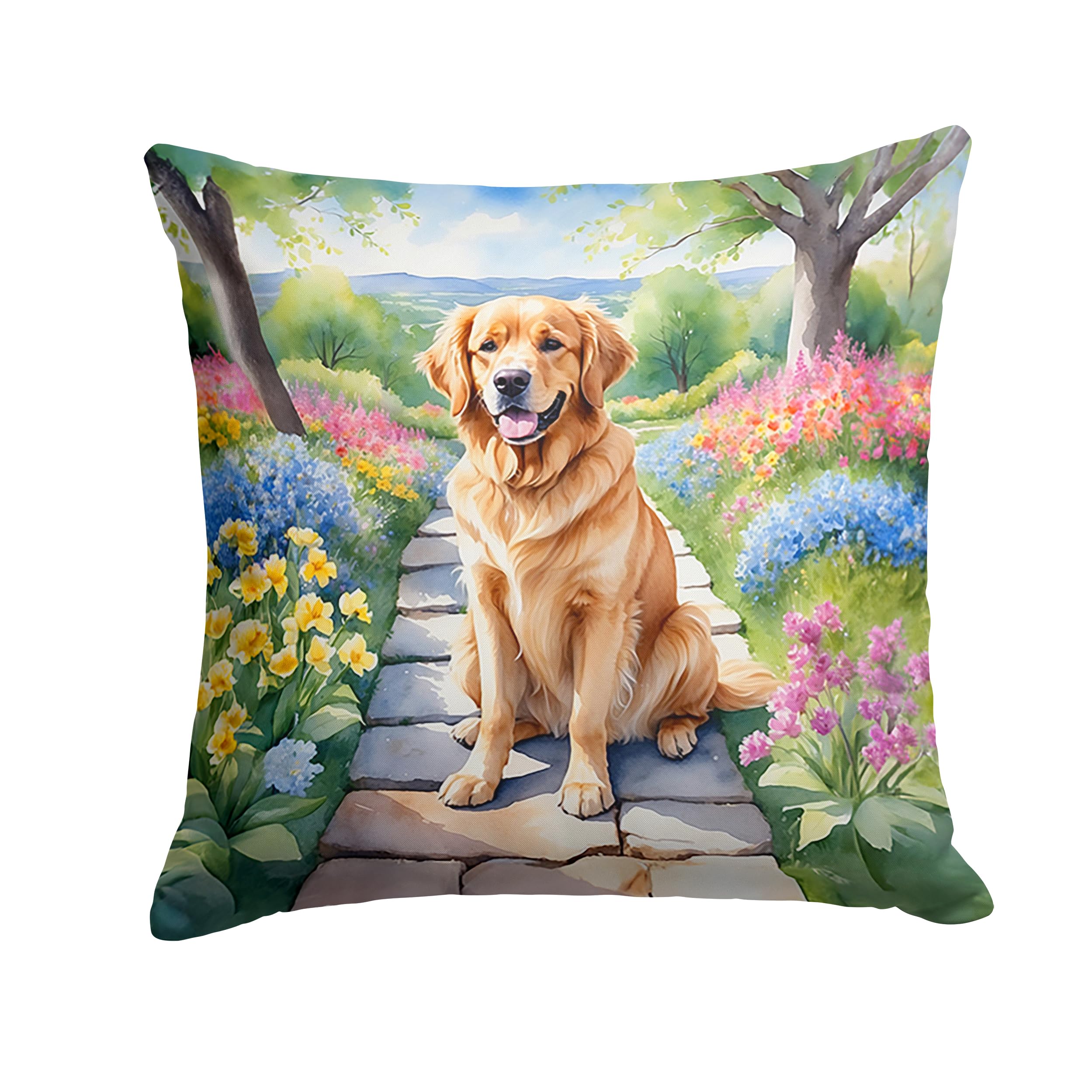 Carolines Treasures Golden Retriever Spring Path Throw Pillow Machine Washable, Indoor Outdoor Decorative Pillow for Couch, Bed or Patio, 18Hx18W