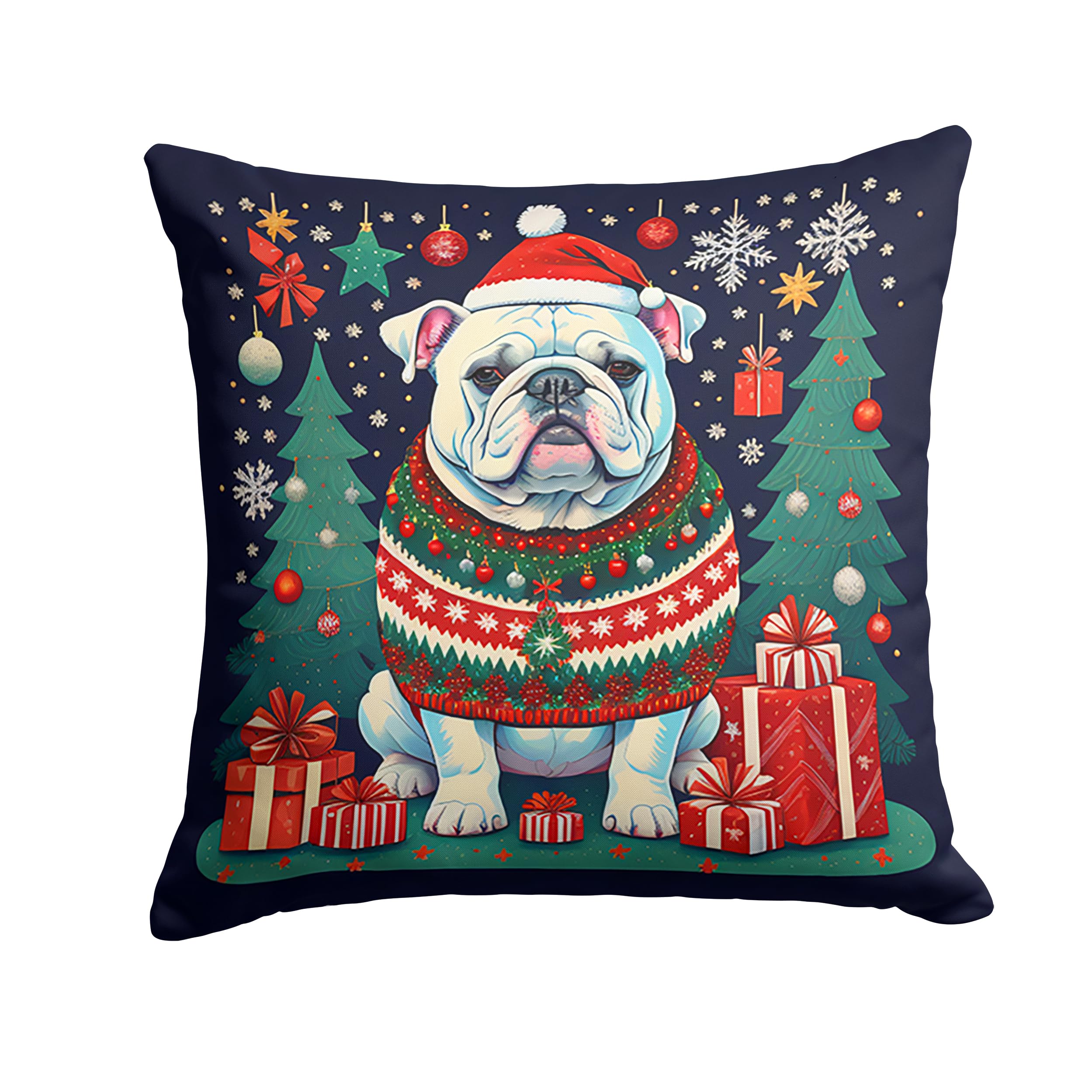 Carolines Treasures DAC1123PW1414 White English Bulldog Christmas Fabric Decorative Pillow Machine Washable, Indoor Outdoor Decorative Pillow for Couch, Bed or Patio, 14Hx14W