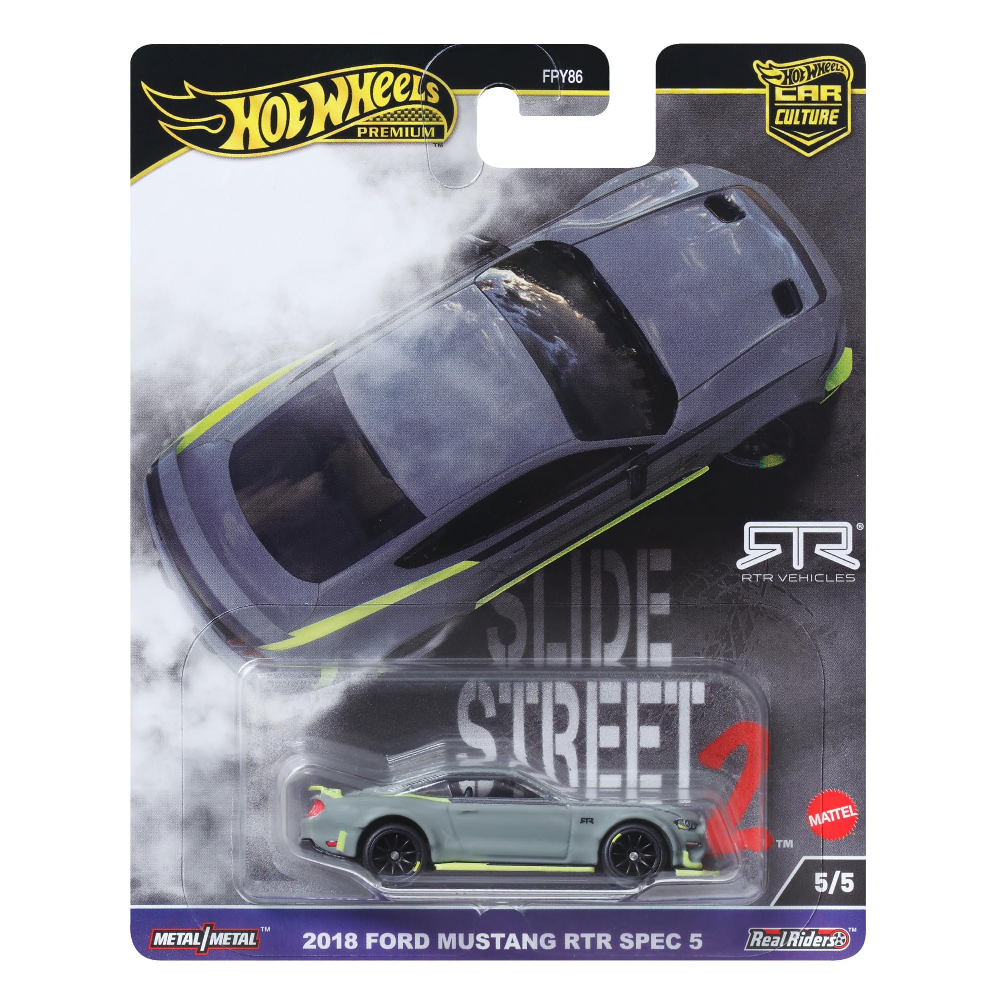 2018 Ford Mustang RTR Spec 5 Gray Slide Street 2″ Series Diecast Model Car by Hot Wheels