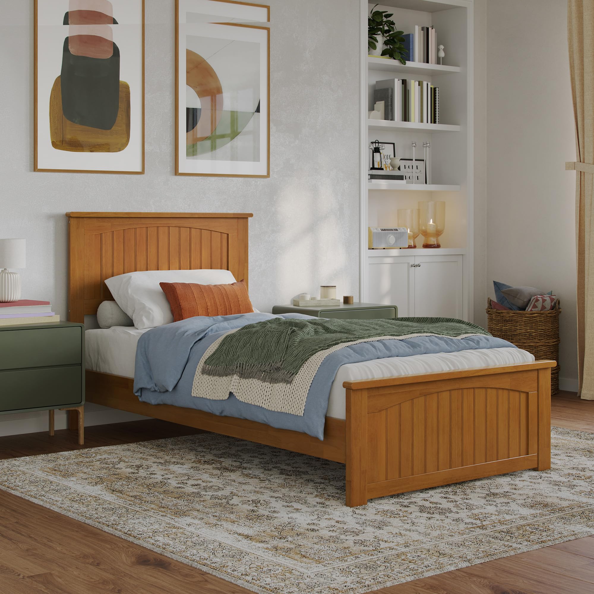 Naples Twin XL Solid Wood Low Profile Platform Bed with Matching Footboard in Light Toffee