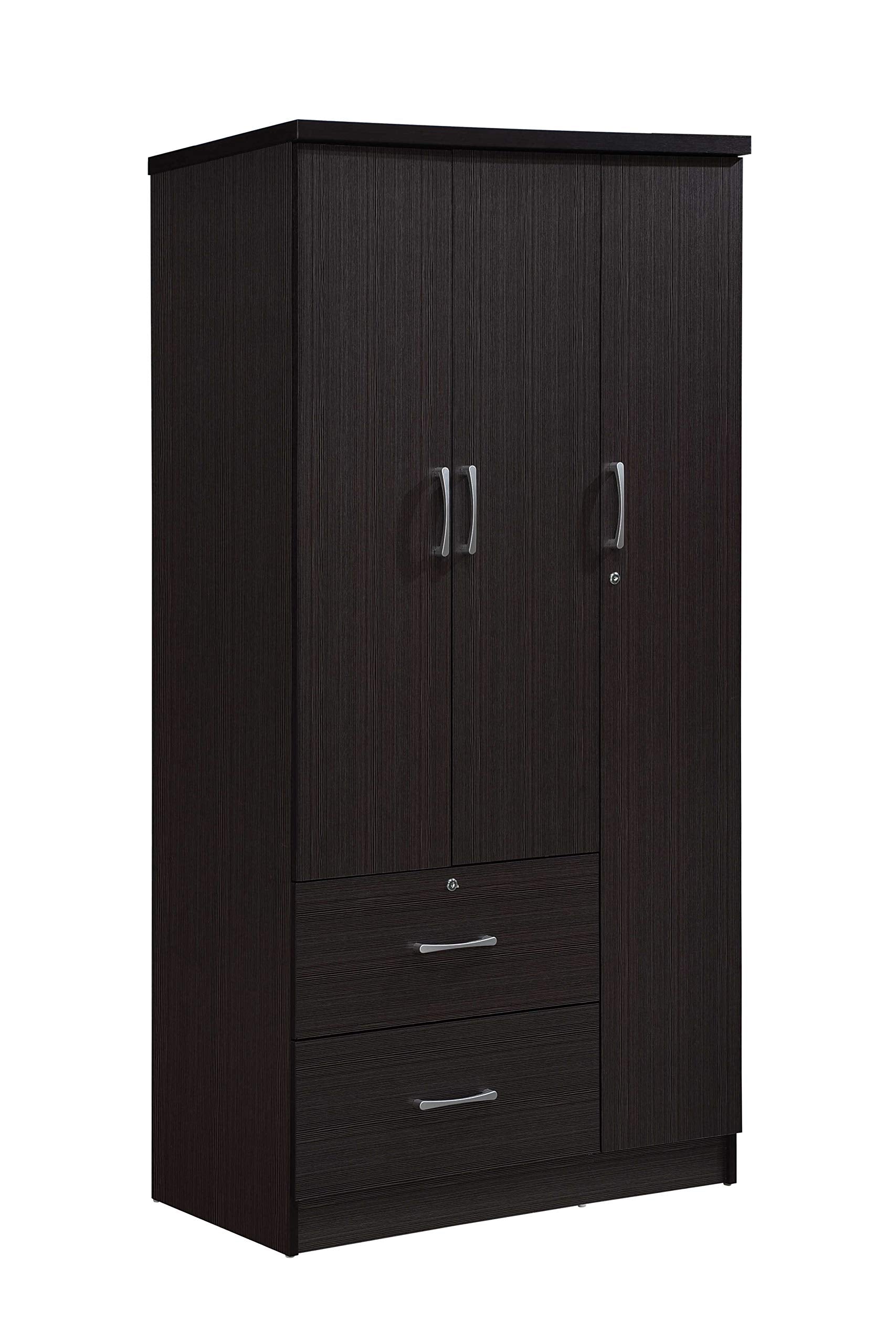 Hodedah 3-Door Armoire with 2-Drawers, 3-Shelves in Chocolate