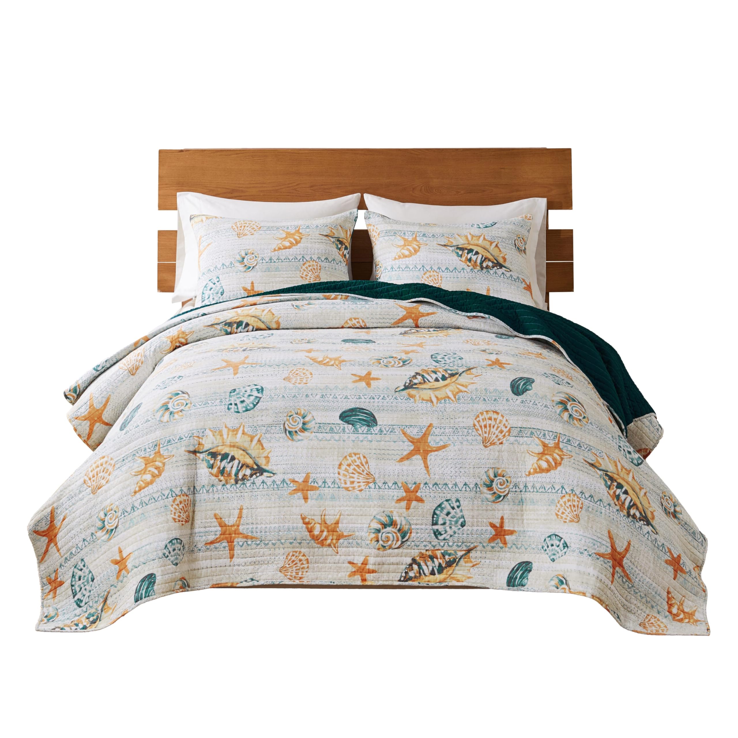 Carie 3pc King Quilt Set, Coastal Seashell Print, Blue Cotton Microfiber