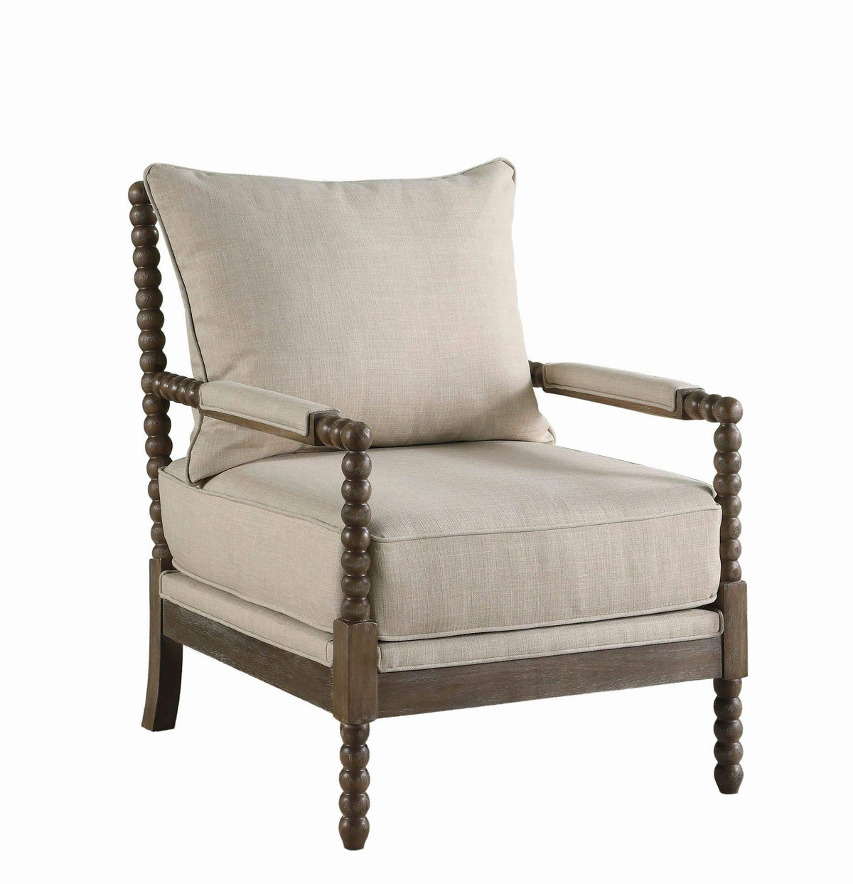 Benjara Cushioned Back Fabric Upholstered Spindle Accent Chair, Beige And Brown