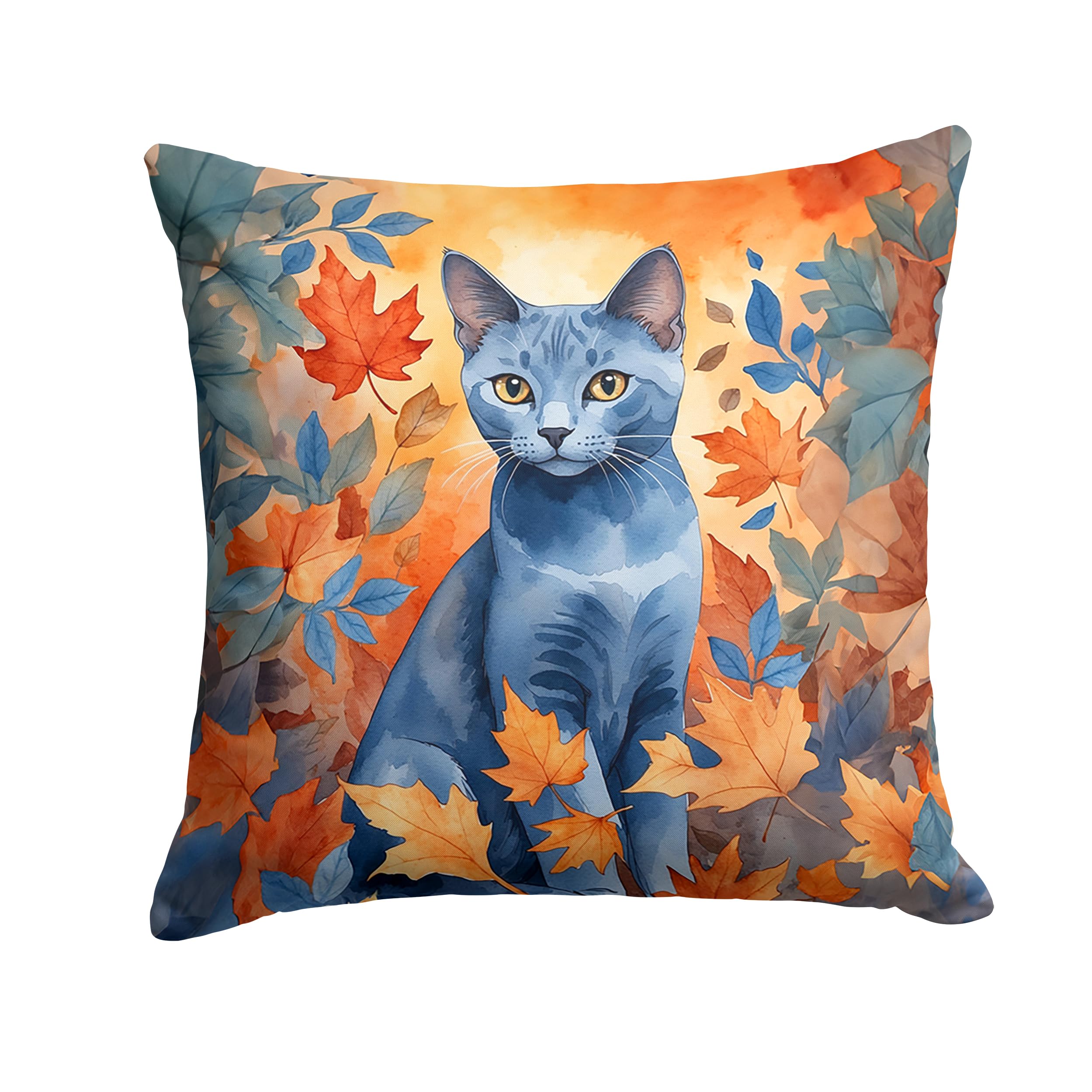 Carolines Treasures Russian Blue Cat in Fall Leaves Throw Pillow Machine Washable, Indoor Outdoor Decorative Pillow for Couch, Bed or Patio, 14Hx14W