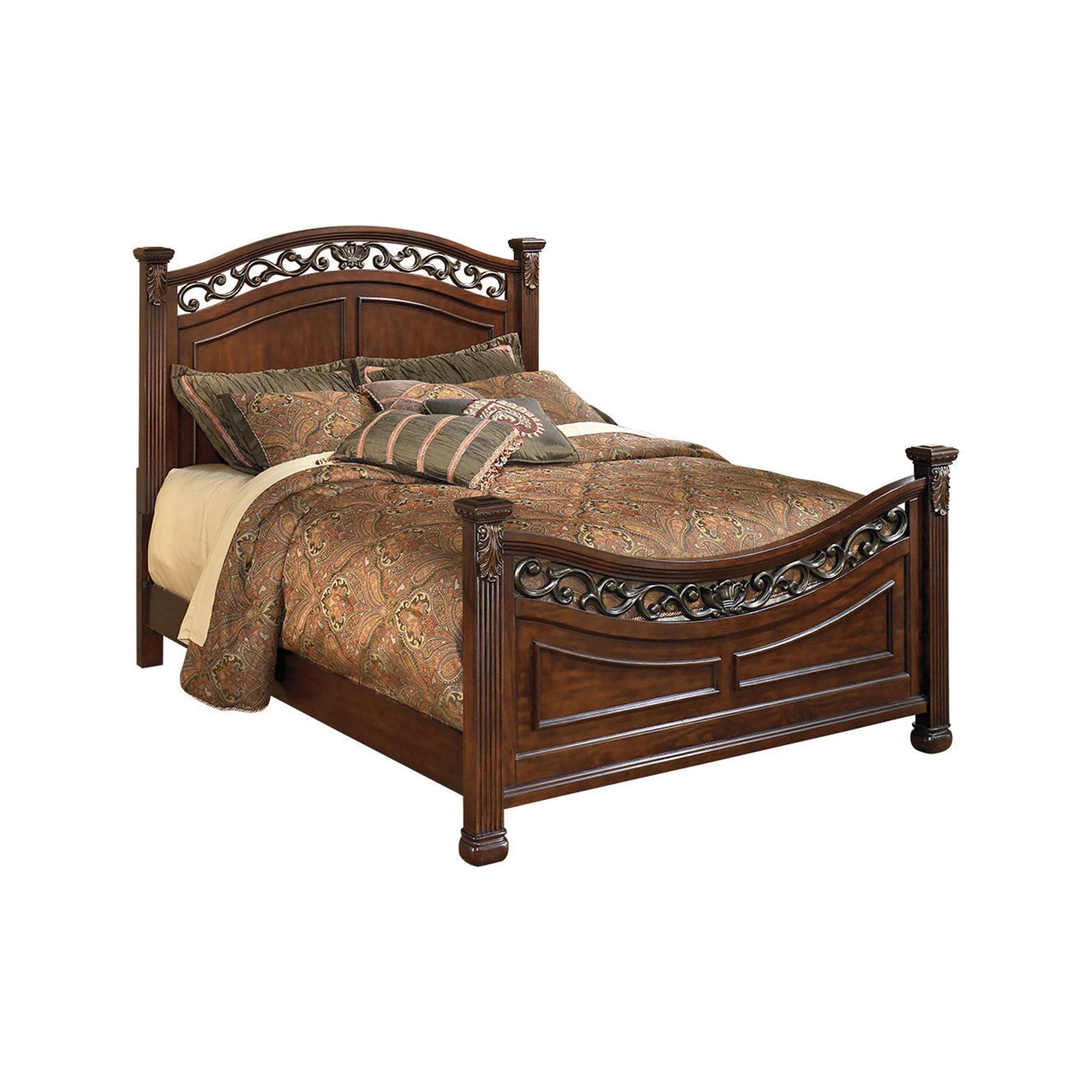 Aza Traditional Wood California King Bed, Leaf Carvings, Rich Cherry Brown