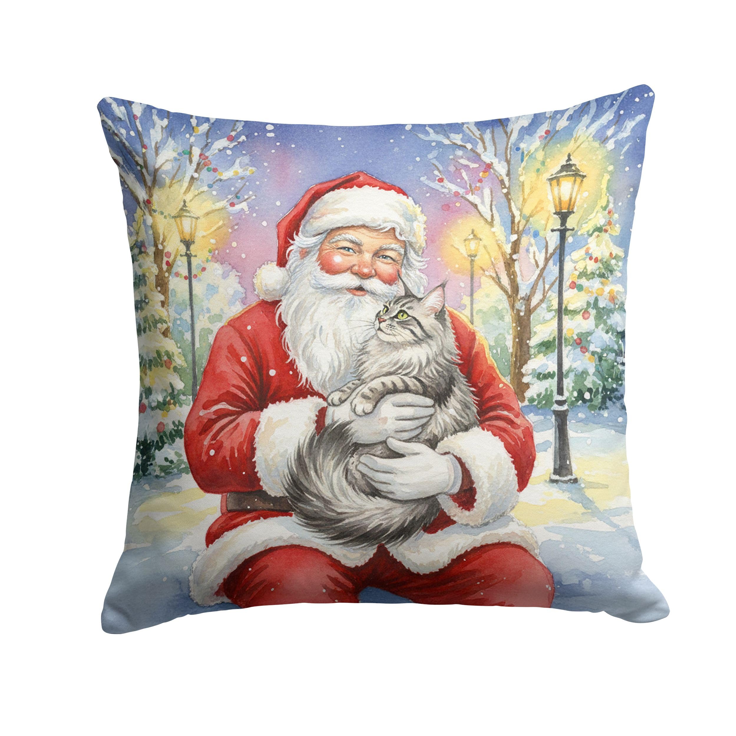 Carolines Treasures MaineCoon Silver Tabby Cat with Santa Claus Throw Pillow Decorative Indoor Outdoor Accent Cushion for Couch, Bed or Patio, 14Hx14W