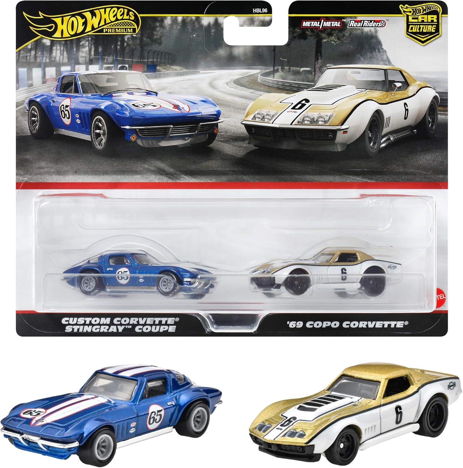 Chevrolet Custom Corvette Stingray Coupe #65 Blue Metallic with White Stripes and 1969 Chevrolet COPO Corvette #6 Gold Metallic and White Car Culture Set of 2 Cars Diecast Model Cars by Hot Wheels