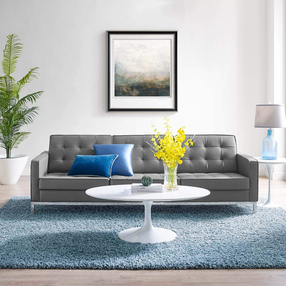 Modway Loft Tufted Button Faux Leather Upholstered Sofa In Silver Gray