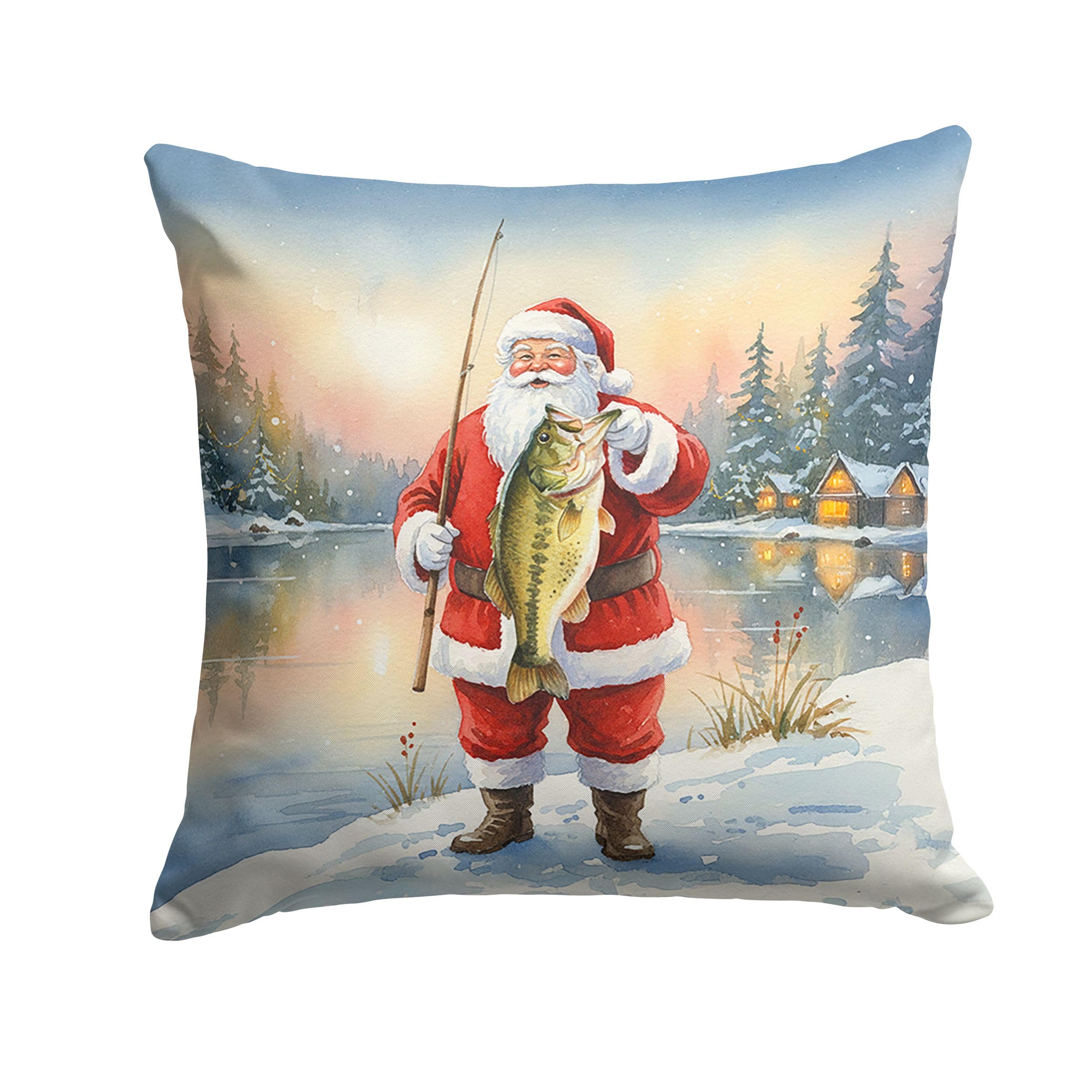 Carolines Treasures Fishing Santa Claus with Largemouth Bass Christmas Throw Pillow Decorative Indoor Outdoor Accent Cushion for Couch, Bed or Patio, 14Hx14W