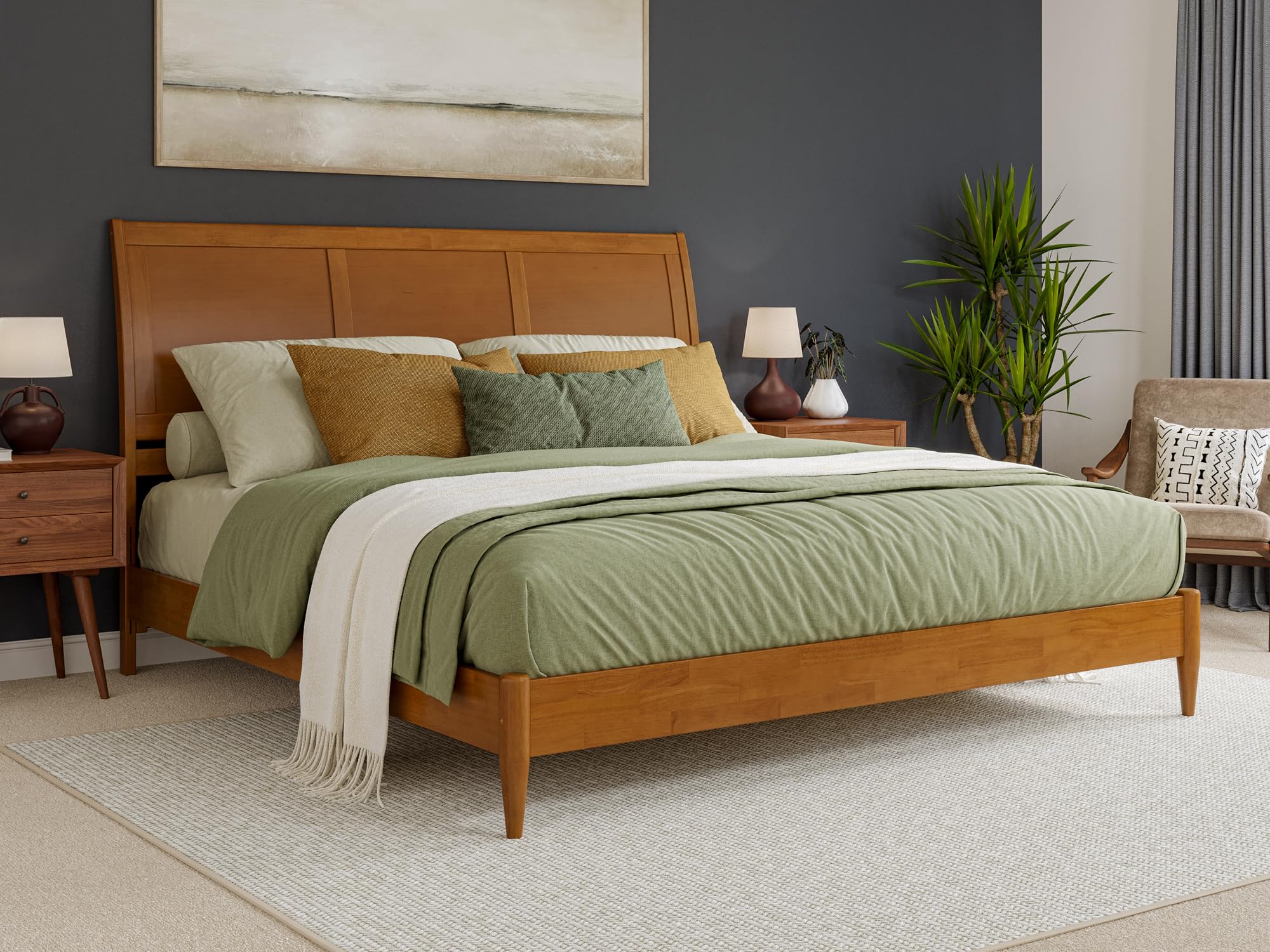 Valencia King Solid Wood Low Profile Sleigh Platform Bed in Light Toffee