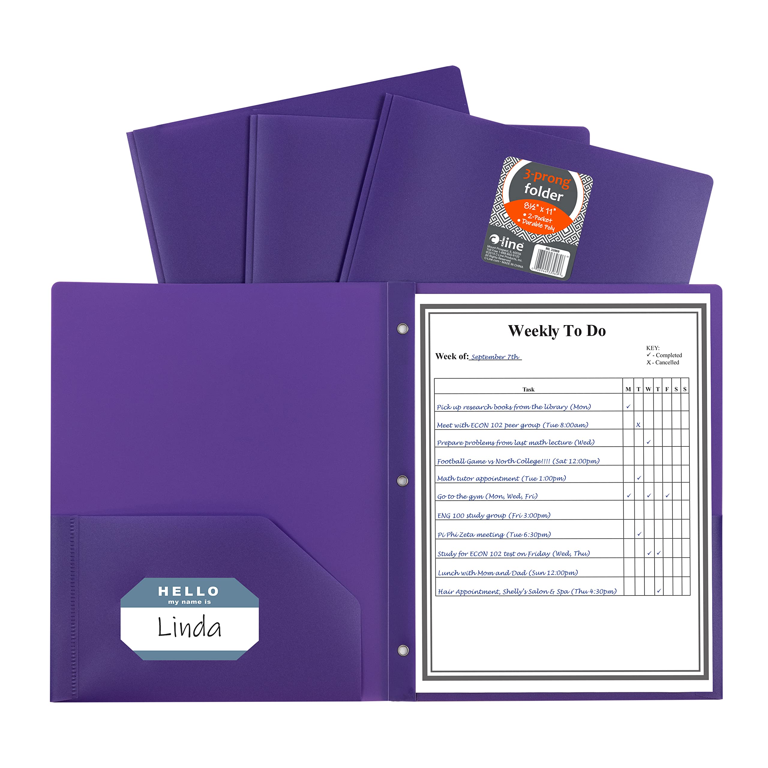 Two-Pocket Heavyweight Poly Portfolio Folder with Prongs, Purple (Set of 25 Folders)