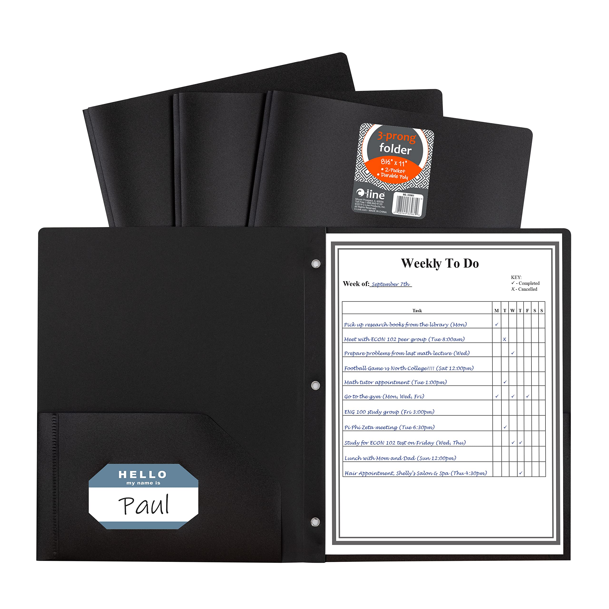 Two-Pocket Heavyweight Poly Portfolio Folder with Prongs, Black (Set of 25 Folders)