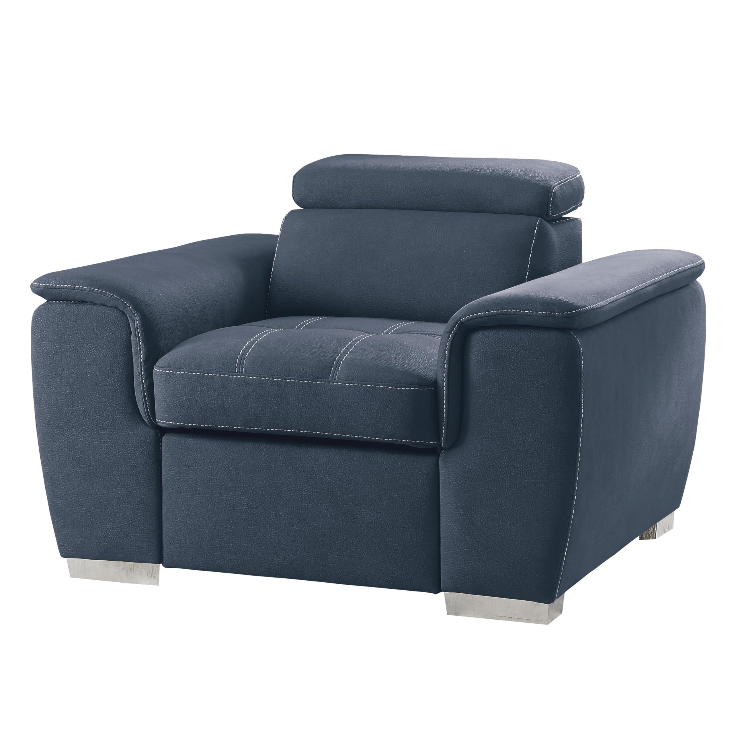 Rida 45 Inch Chair, Pull Out Ottoman, Adjustable Headrest, Solid Wood, Blue