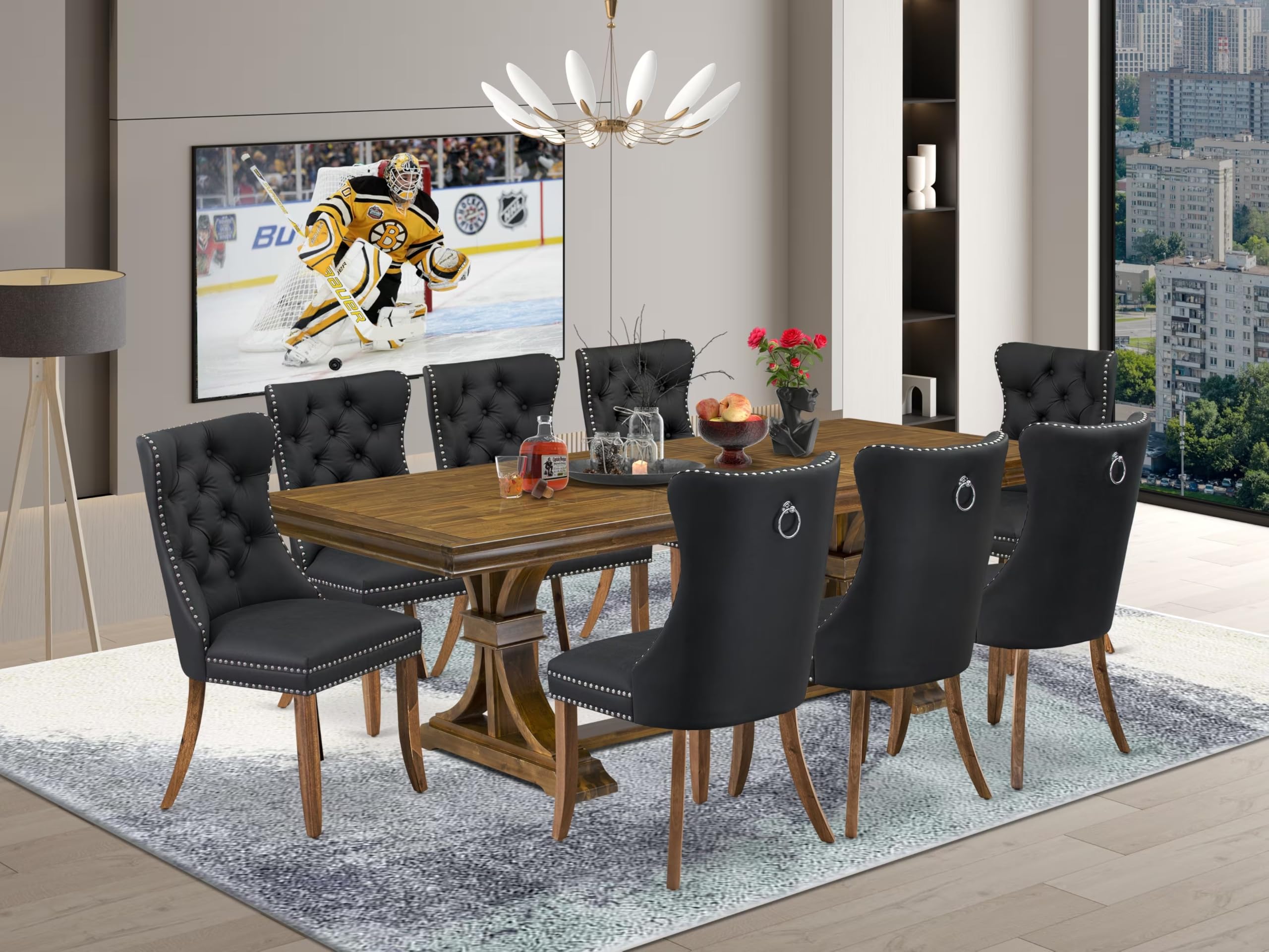 9 piece Modern Dining Table Set of a Kitchen Table and 8 Dark Grey Dinner Chairs