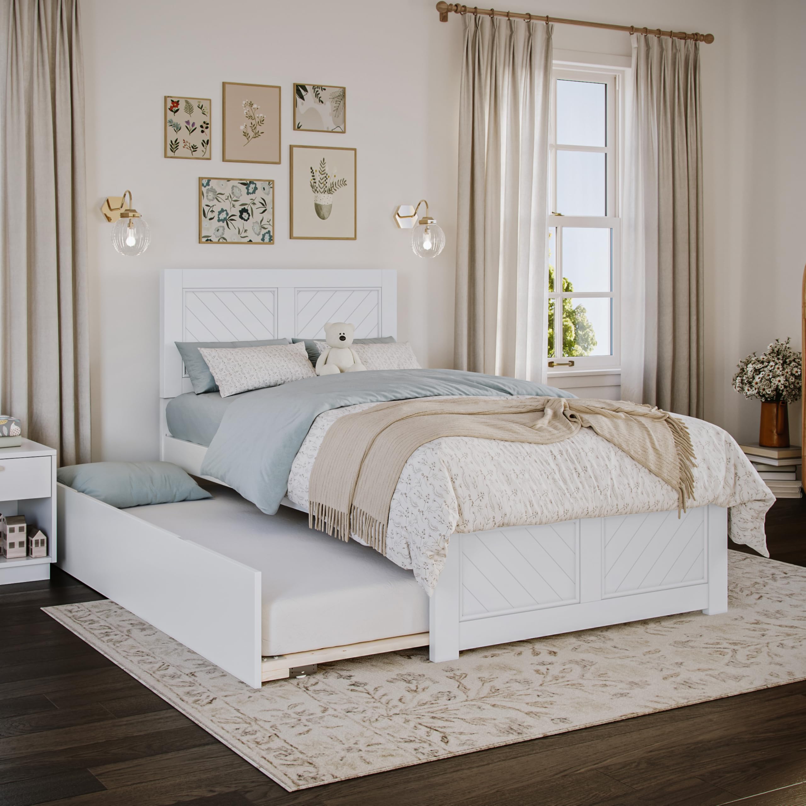 Canyon Twin Platform Bed with Matching Footboard and Twin Trundle in White