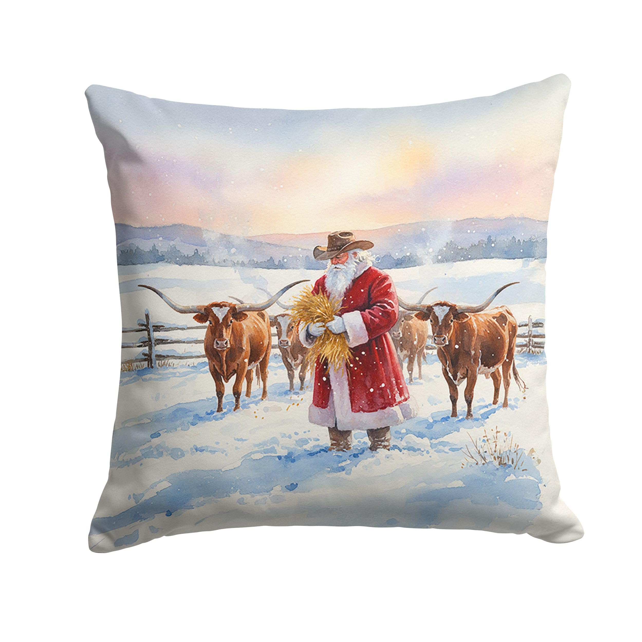 Carolines Treasures Santa Claus Feeding The Longhorns Christmas Throw Pillow Decorative Indoor Outdoor Accent Cushion for Couch, Bed or Patio, 14Hx14W