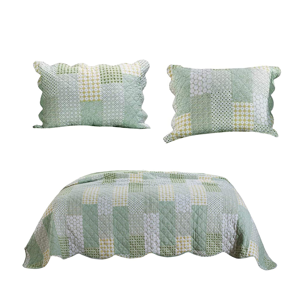 Benjara Reversible Fabric Queen Size Quilt Set With Geometric Pattern Motifs, Green