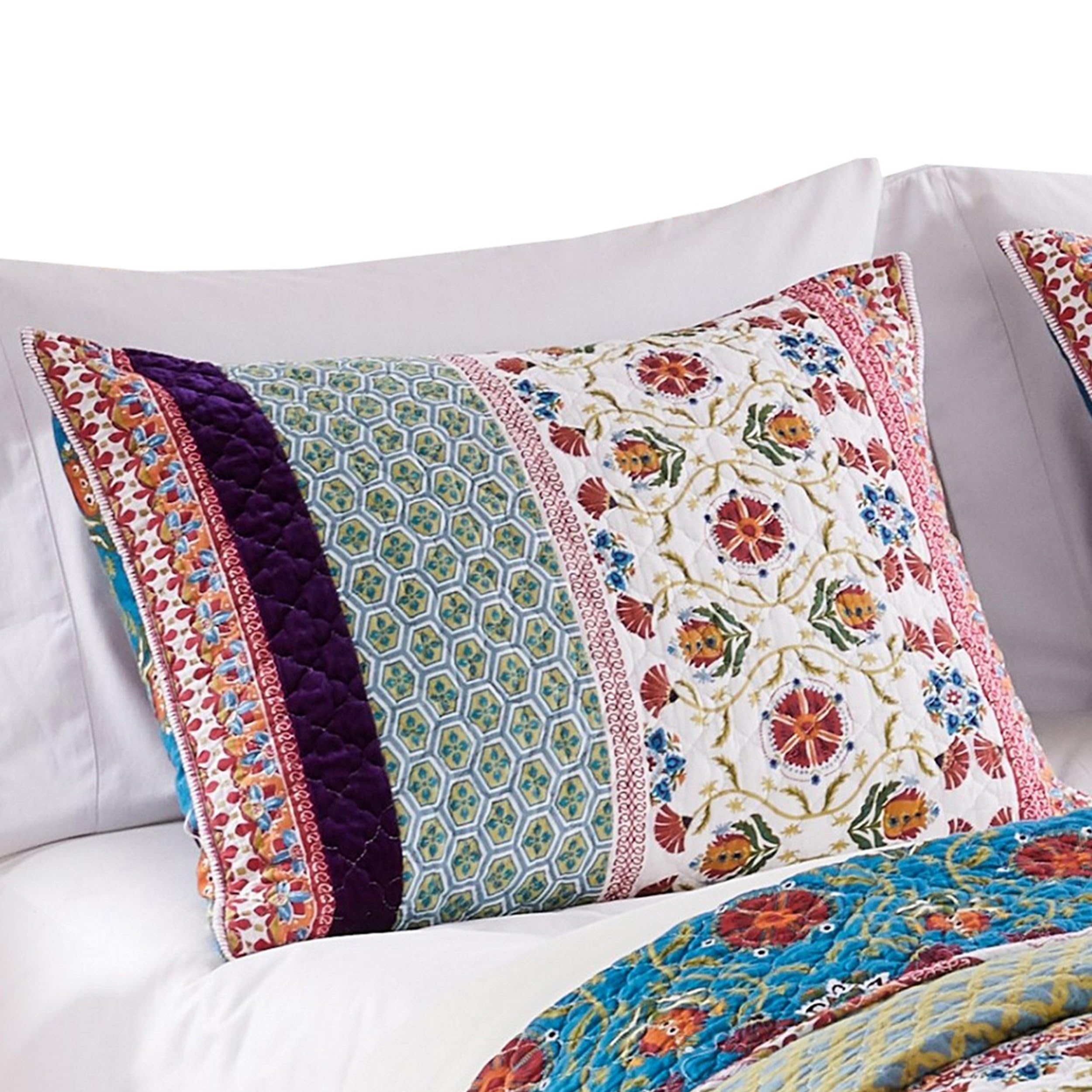 36 Inch Quilted King Pillow Sham, Cotton Fill, Medallion Print, Multicolor