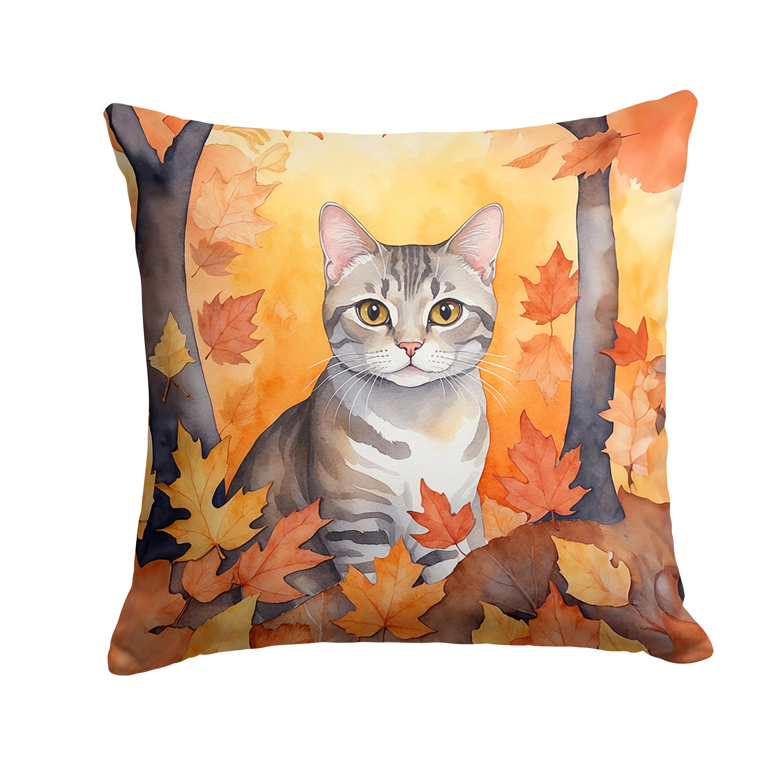 Carolines Treasures European Shorthair Cat in Fall Leaves Throw Pillow Machine Washable, Indoor Outdoor Decorative Pillow for Couch, Bed or Patio, 14Hx14W