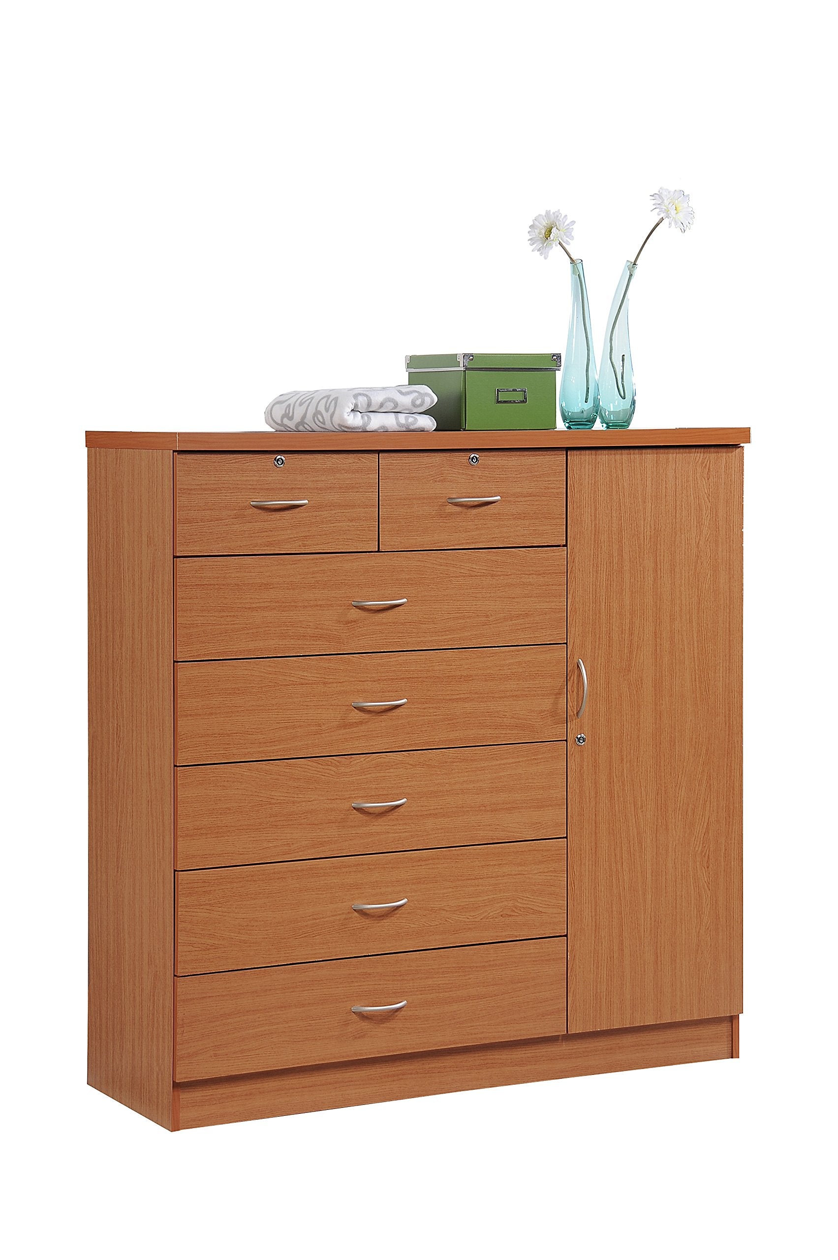 Hodedah 7-Drawer Chest with Locks on 2-Top Drawers plus 1-Door with 3-Shelves in Cherry