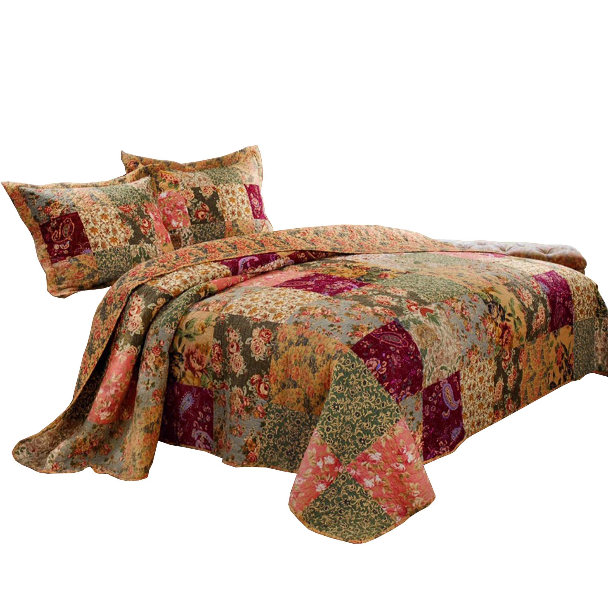 Kamet 3 Piece Fabric King Size Bedspread Set with Floral Prints, Multicolor