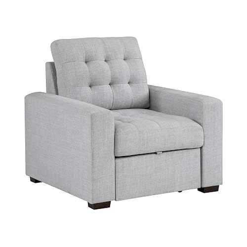 Cliff 37 Inch Chair, Pull Out Ottoman, Light Gray Polyester, Espresso Wood